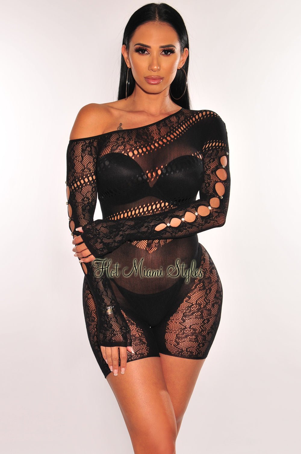 Elegant Black Lace Seamless Sheer Long Sleeve One Shoulder Rhinestone Cut Out Romper - Perfect for Evening Parties, Date Nights & Special Occasions