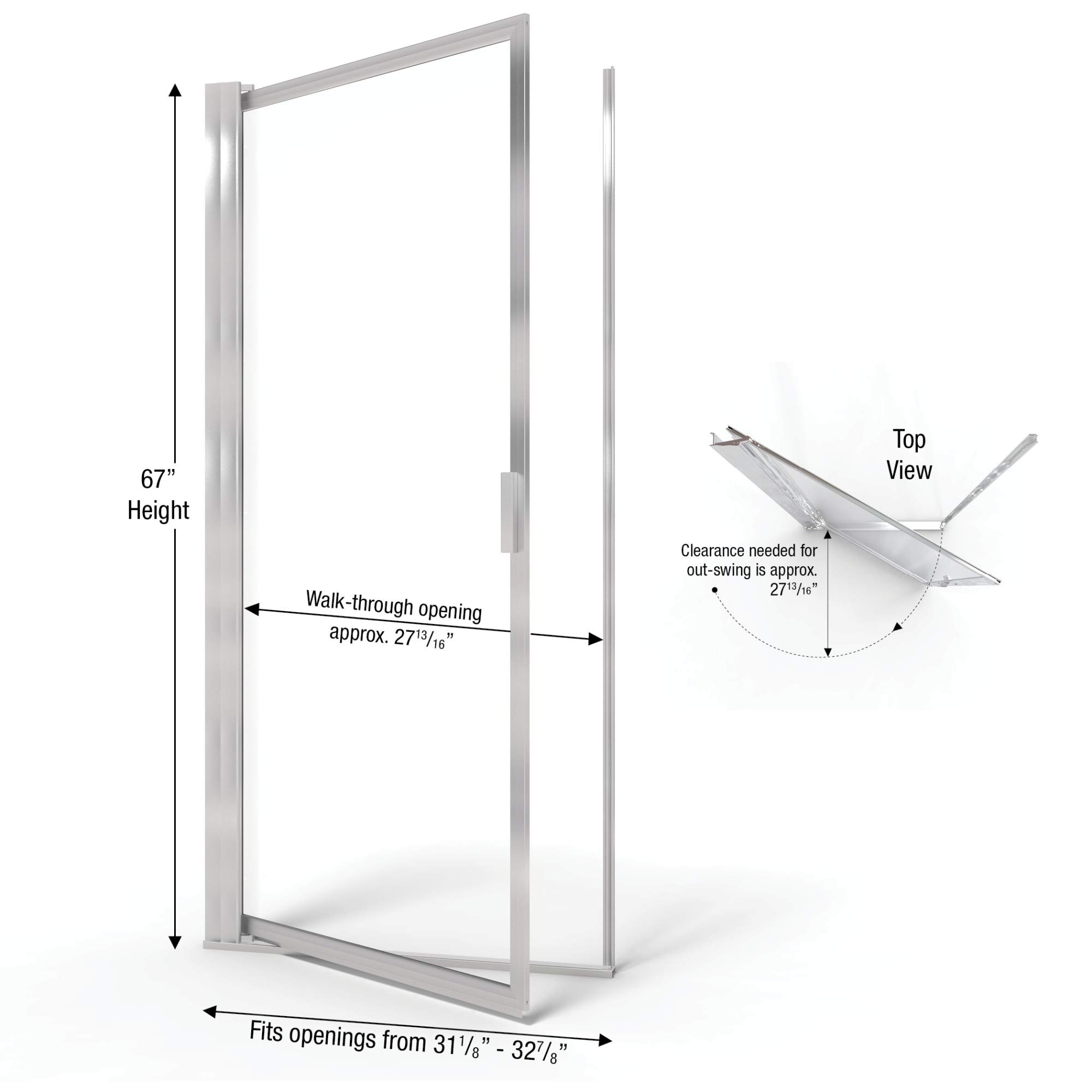 Basco Sopora 31.125-32.875 Inch Pivot Shower Door - Clear Tempered Glass with Brushed Nickel Finish for Modern Bathroom Renovation | Perfect for Small to Medium Sized Showers