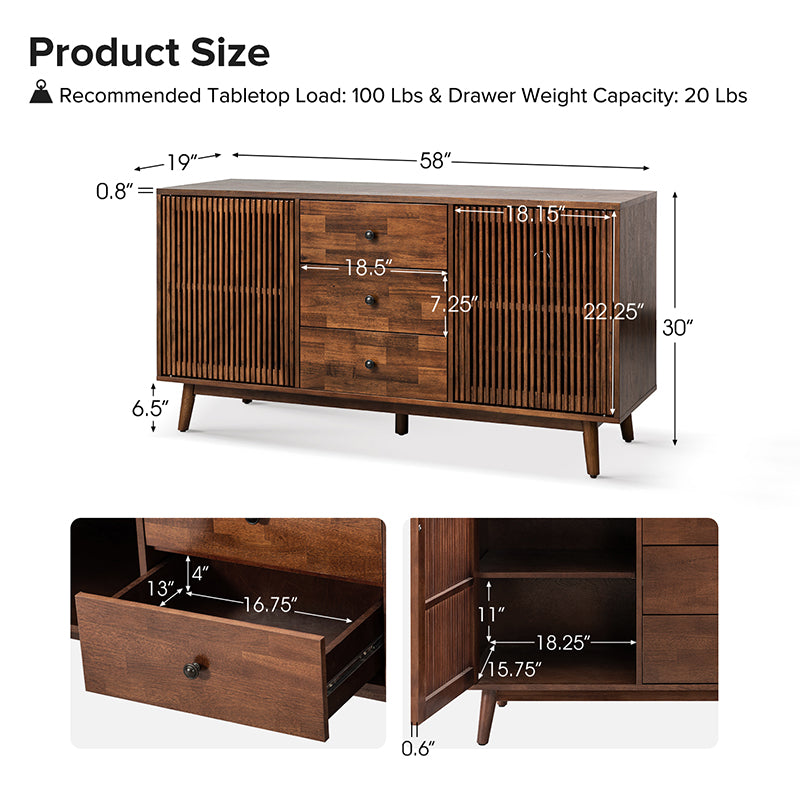 Chris 58-Inch Wide 3-Drawer Sideboard Buffet Cabinet - Modern Storage Console for Dining Room, Living Room & Entryway