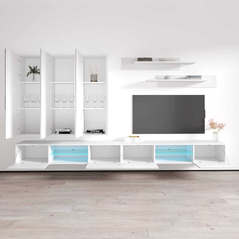Modern White Wall-Mounted TV Stand with Storage Shelves & LED Lights - E1 33