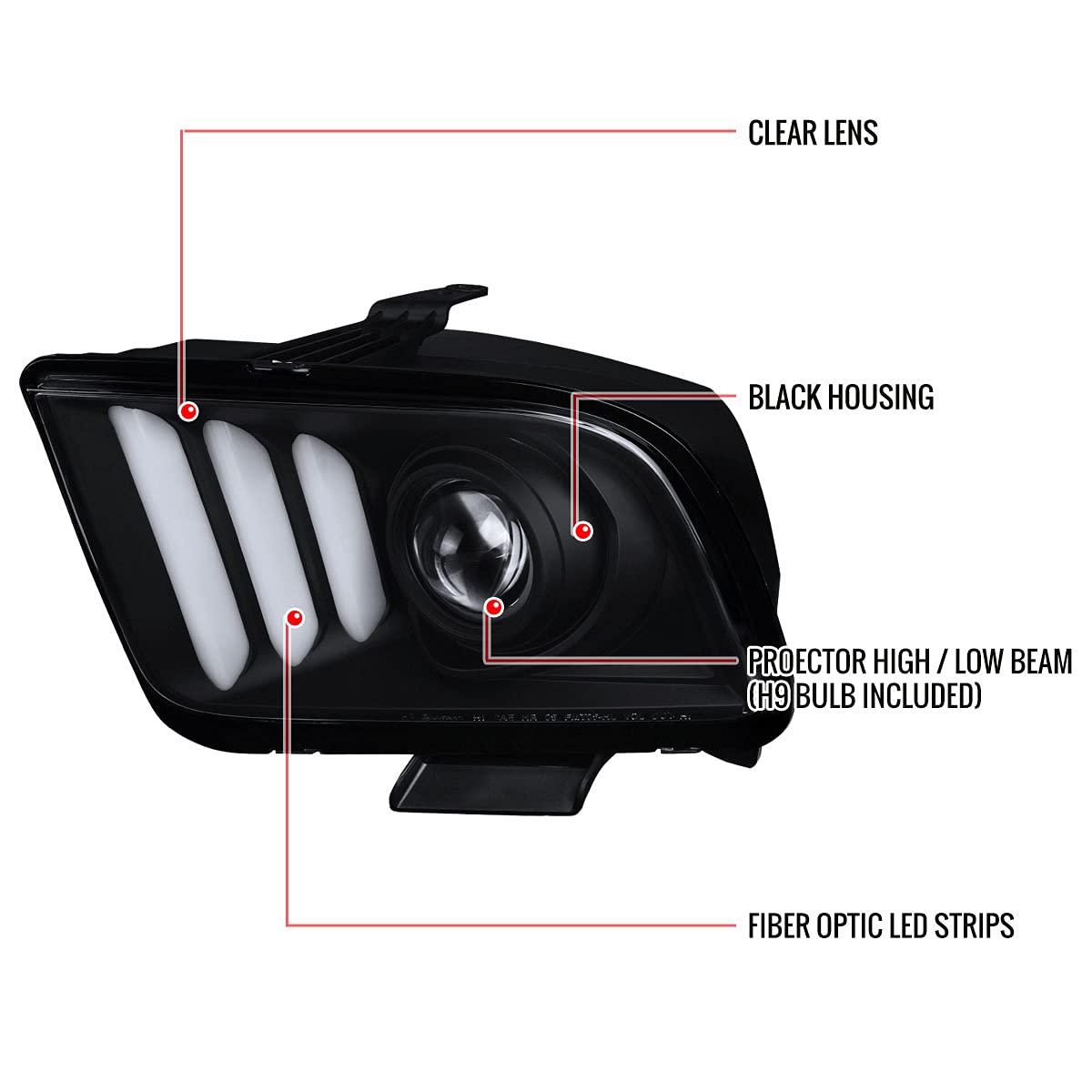Ford Mustang 2005-2009 Black LED DRL Tube Projector Headlights - High Performance Replacement Headlamps for Daytime Running & Night Driving