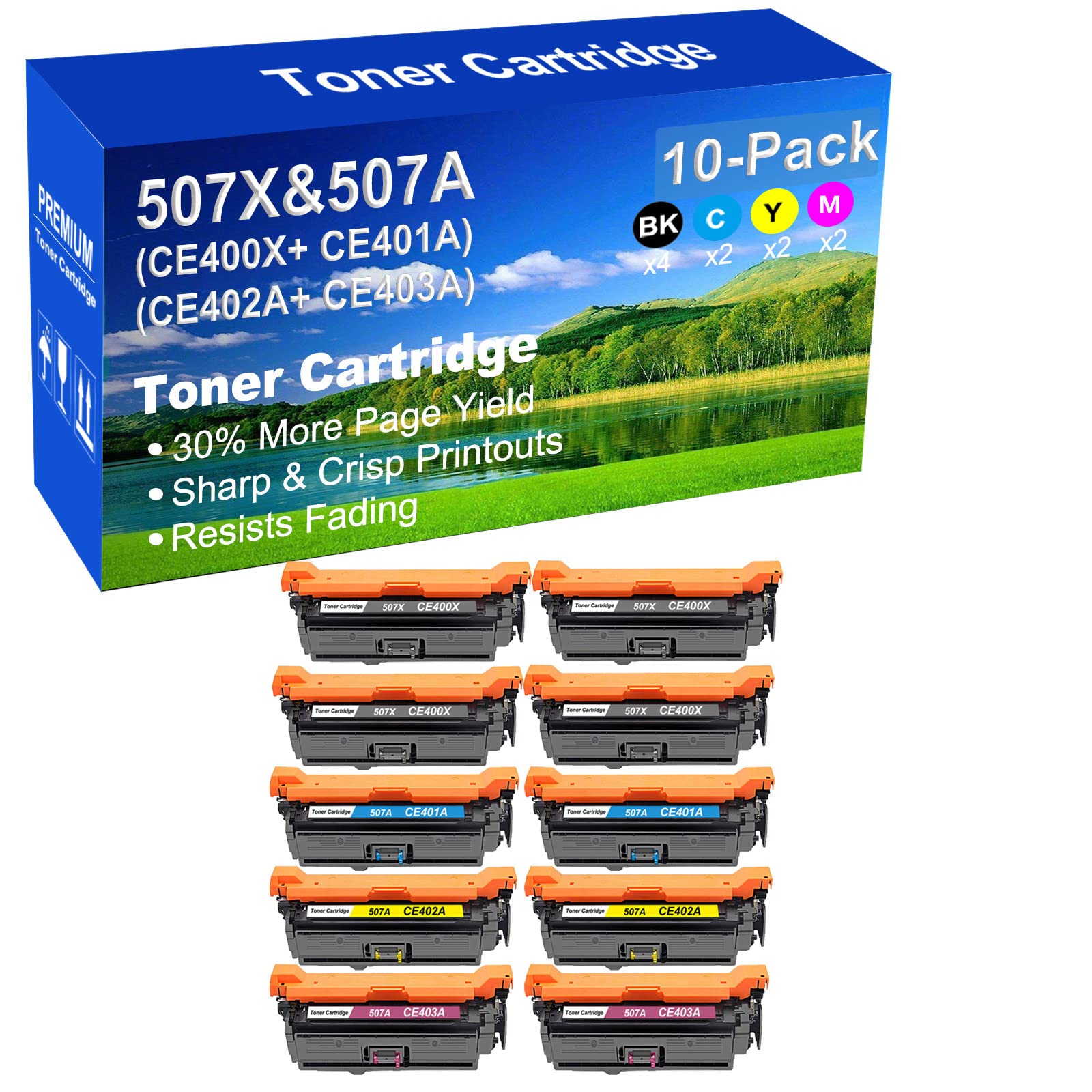 10-Pack (4BK+2C+2Y+2M) High Yield 507X 507A Compatible Toner Cartridge for HP M575c M570dn Laser Printer - Office & Home Printing Solution