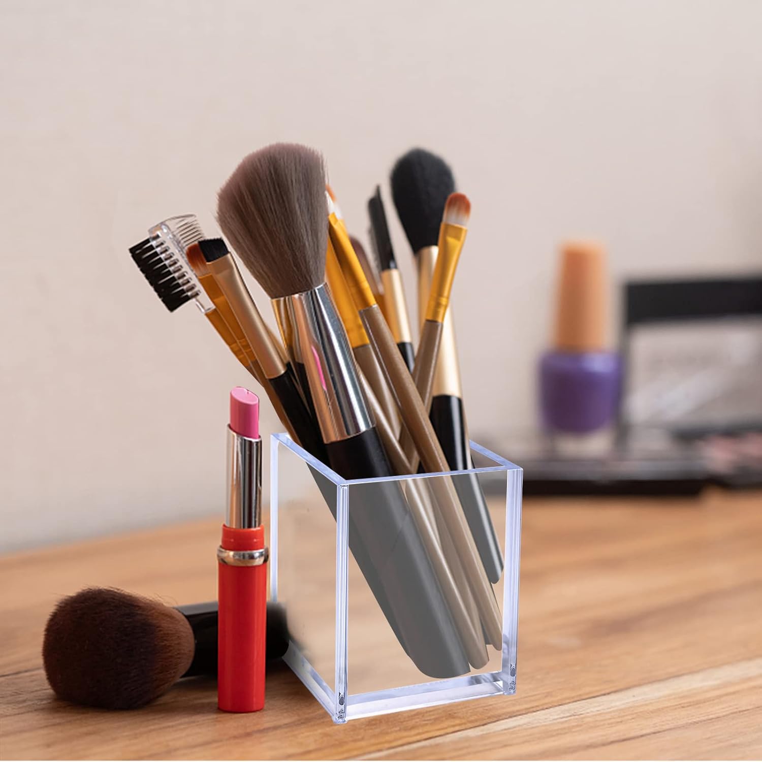 3-Pack Clear Acrylic Pen Holder & Makeup Brush Organizer - Desk Storage Cup for Pencils, Stationery, Office & School Supplies (Includes Cleaning Cloth) - Perfect for Home, Office & Classroom Organization