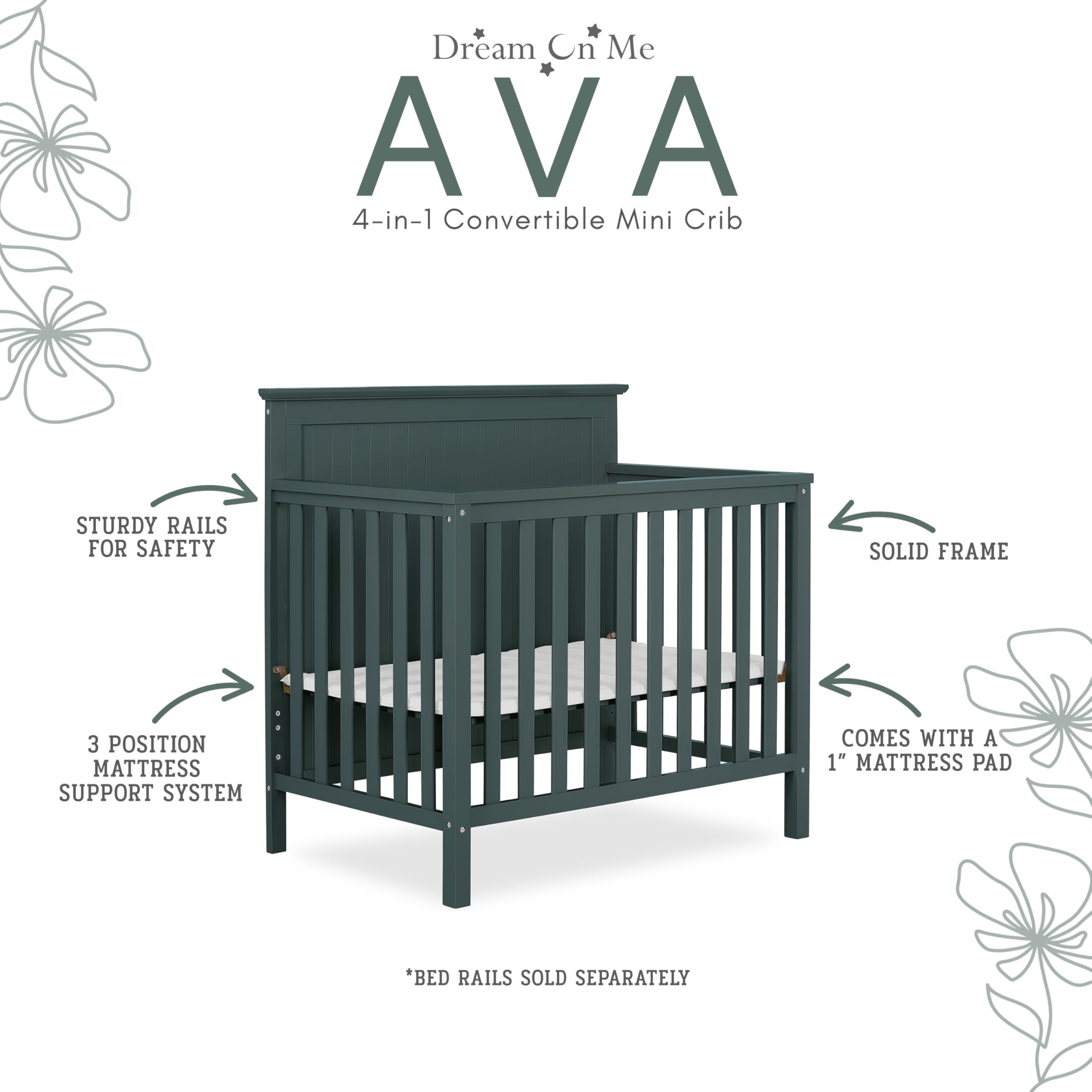 Dream On Me Ava 4-in-1 Convertible Mini Crib in Olive | Greenguard Gold Certified & Non-Toxic Finish | Includes 1
