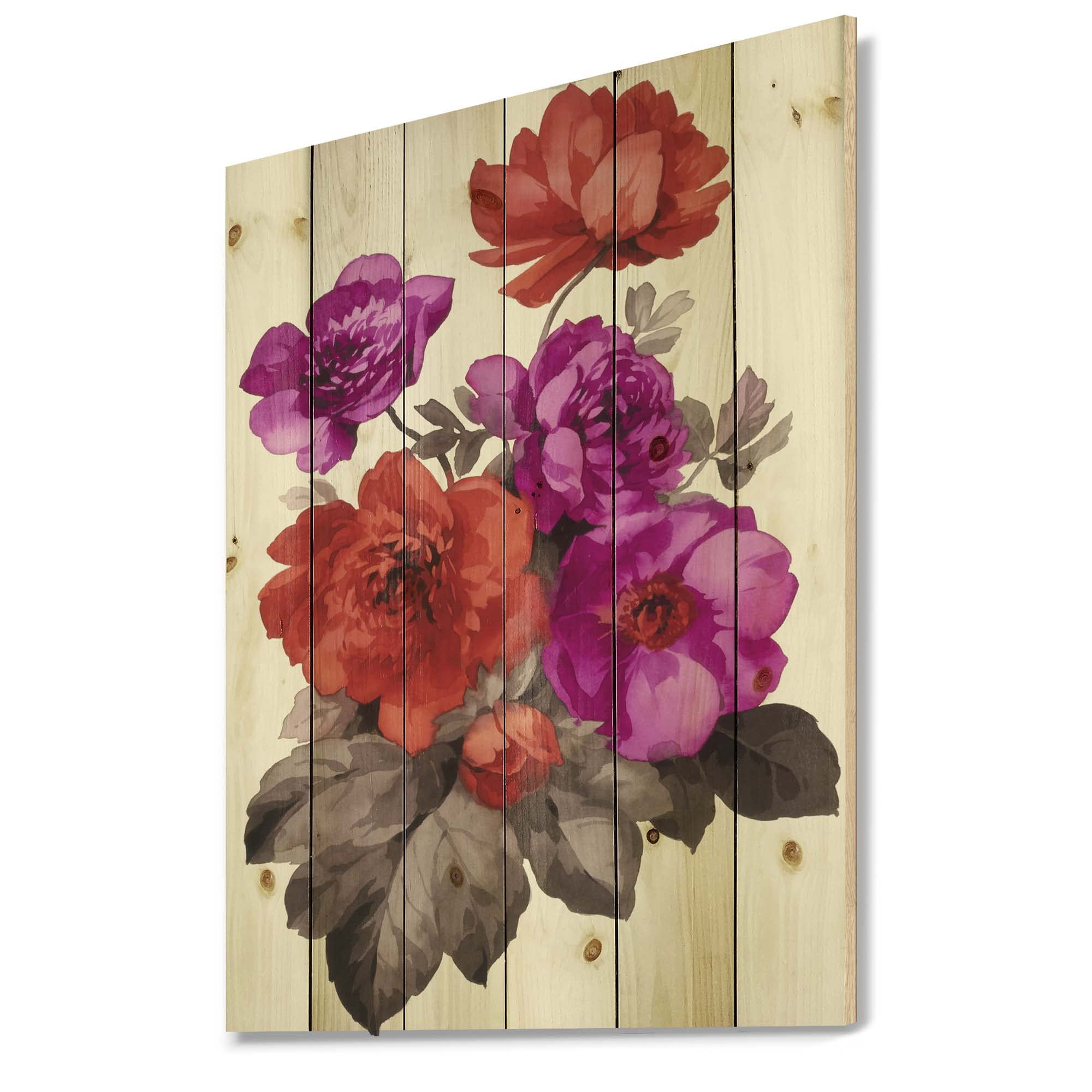 DesignQ Red & Fuchsia Floral Traditional Wood Wall Decor - Purple Large Floral Wall Art Panel Printed on Natural Pine Wood - Perfect for Living Room, Bedroom & Home Office Decoration