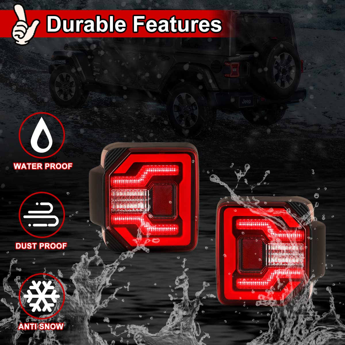 Nixon Offroad LED Tail Lights for Jeep Wrangler JL JLU (2018-2025) & Wrangler 4XE Plug-in (2021-2025) - Black Housing with Red Lens - Waterproof Rear Light Assembly Replacement (1 Pair) - Perfect for Off-Roading, Night Driving & Jeep Customization