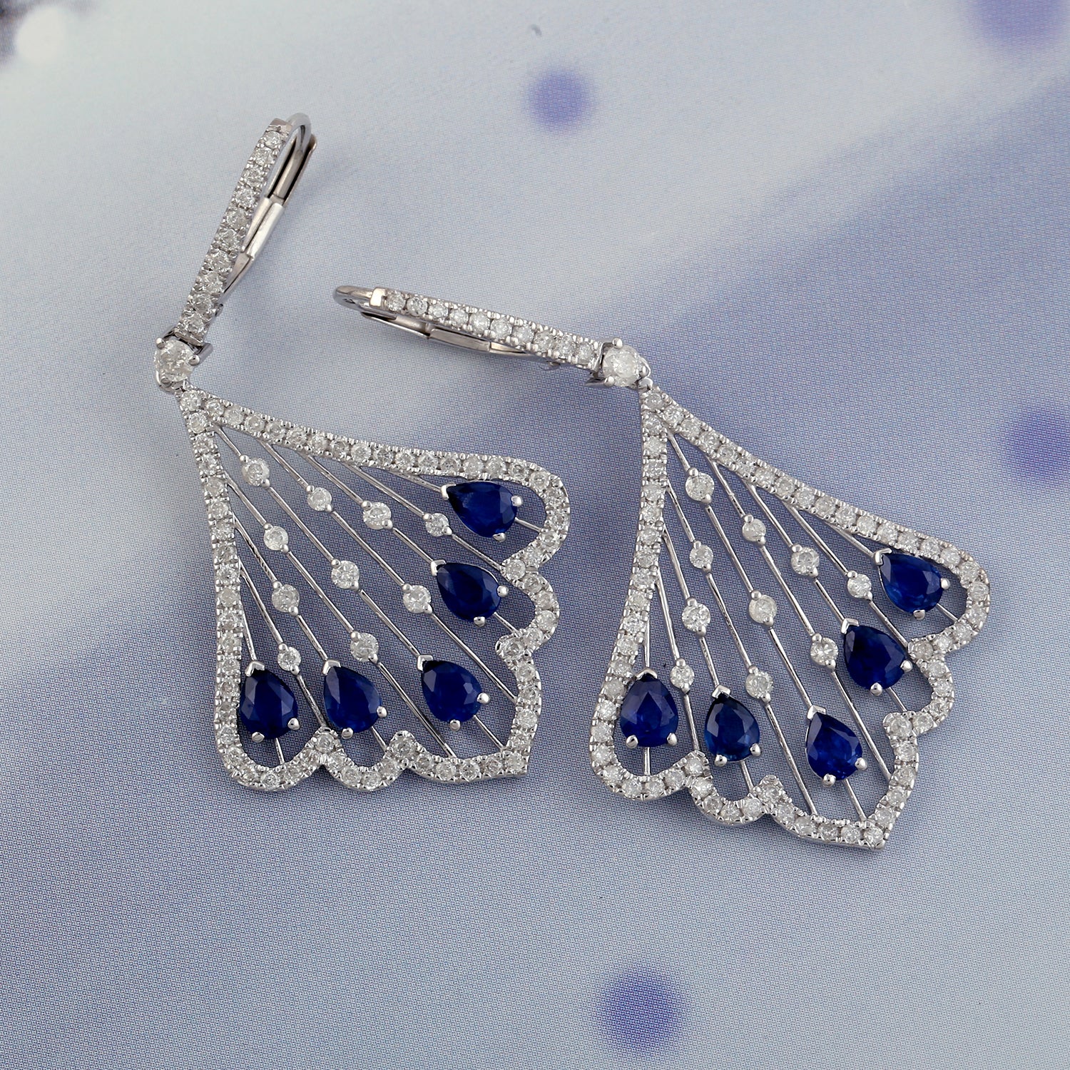 18K White Gold Blue Sapphire Pave Diamond Lever Back Dangle Huggie Earrings - Perfect for Weddings, Parties & Special Occasions