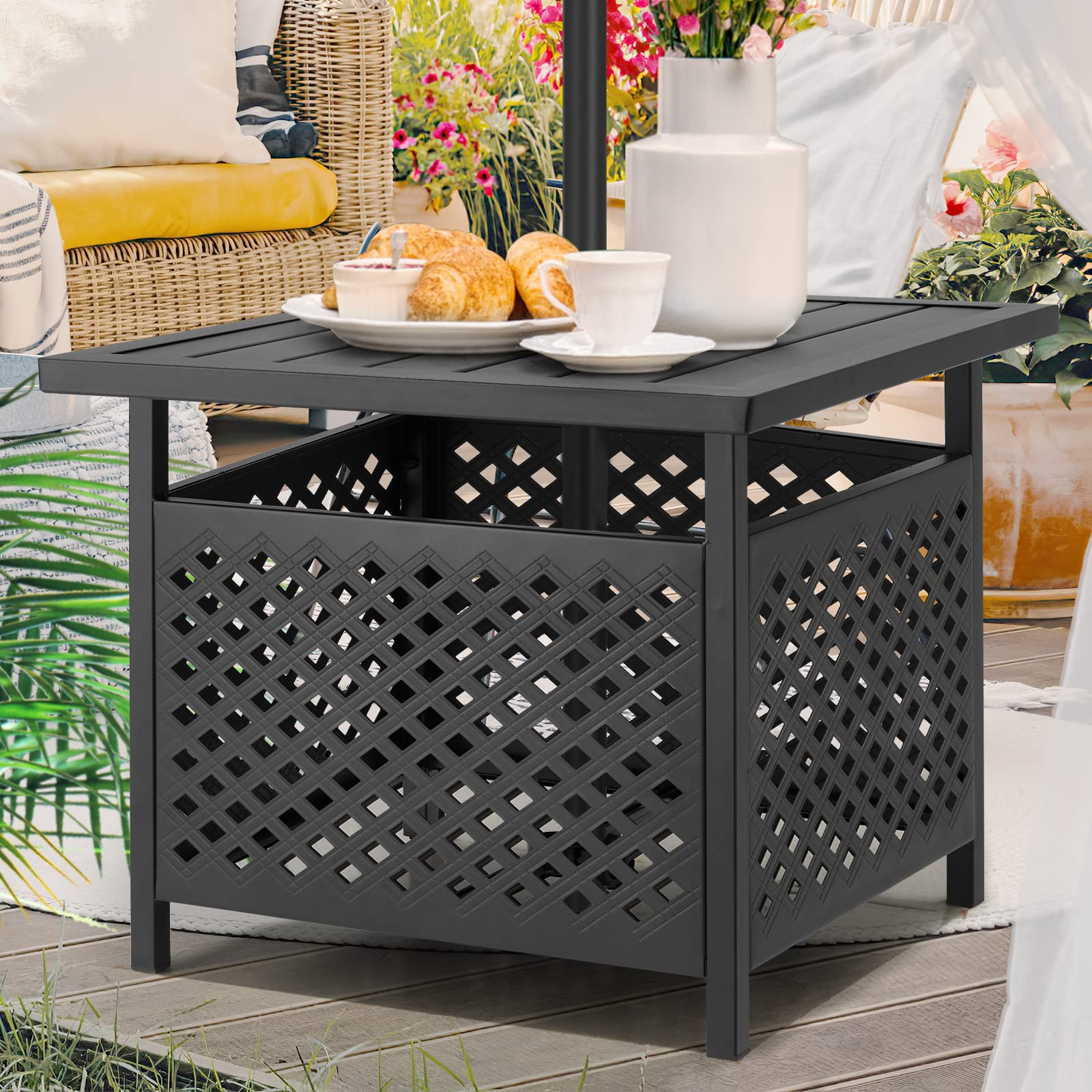 **AECOJOY Outdoor Side Table with Umbrella Hole - Durable Metal Patio Coffee Table for Garden, Poolside & Deck (1.58