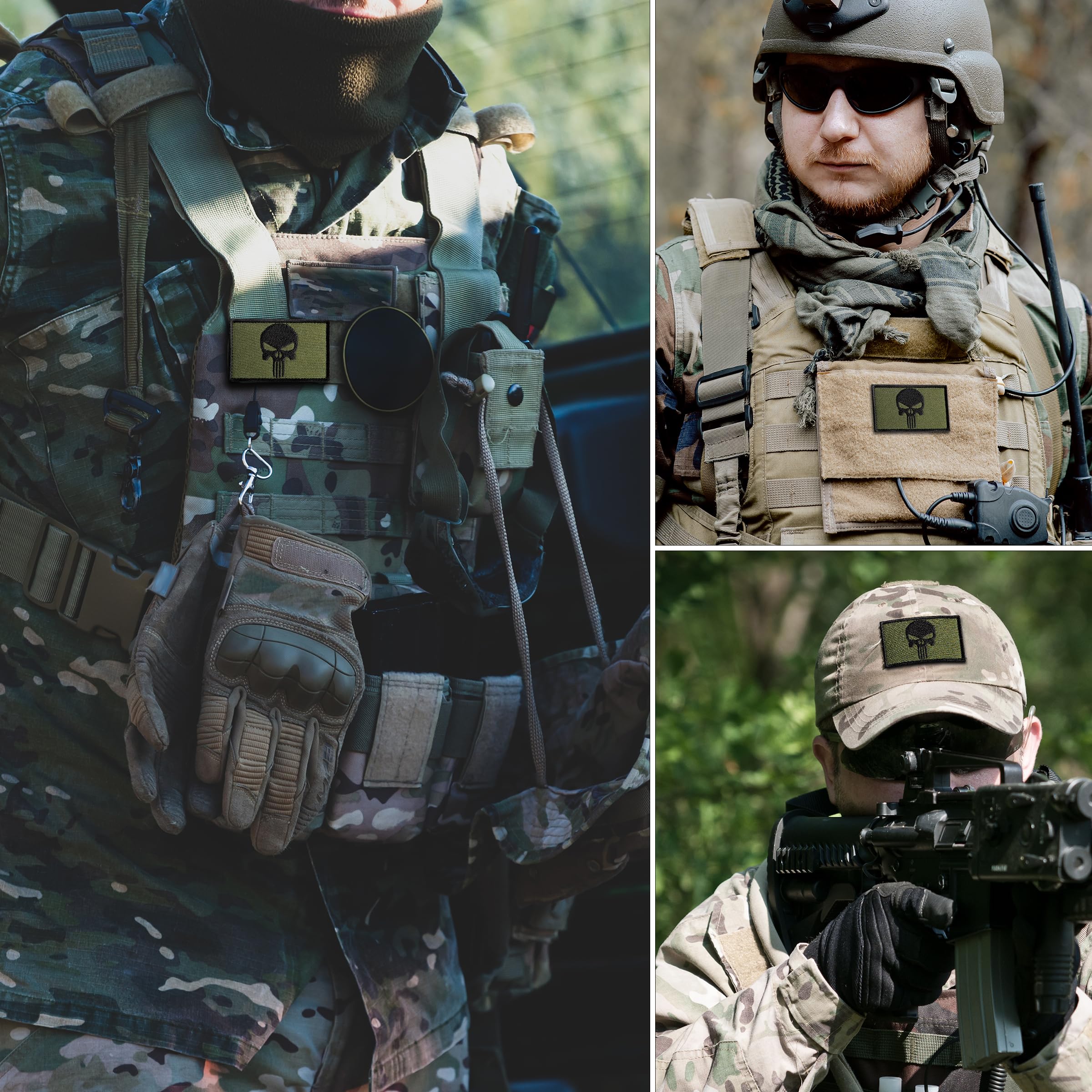 2Pcs Skull Embroidered Tactical Patches with Hook and Loop Fasteners - Military Grade Morale Patches for Backpacks, Helmets, Tactical Vests & Dog Vests - Sew On Option in Olive Green - Perfect for Outdoor Adventures, Airsoft & Military Enthusiasts