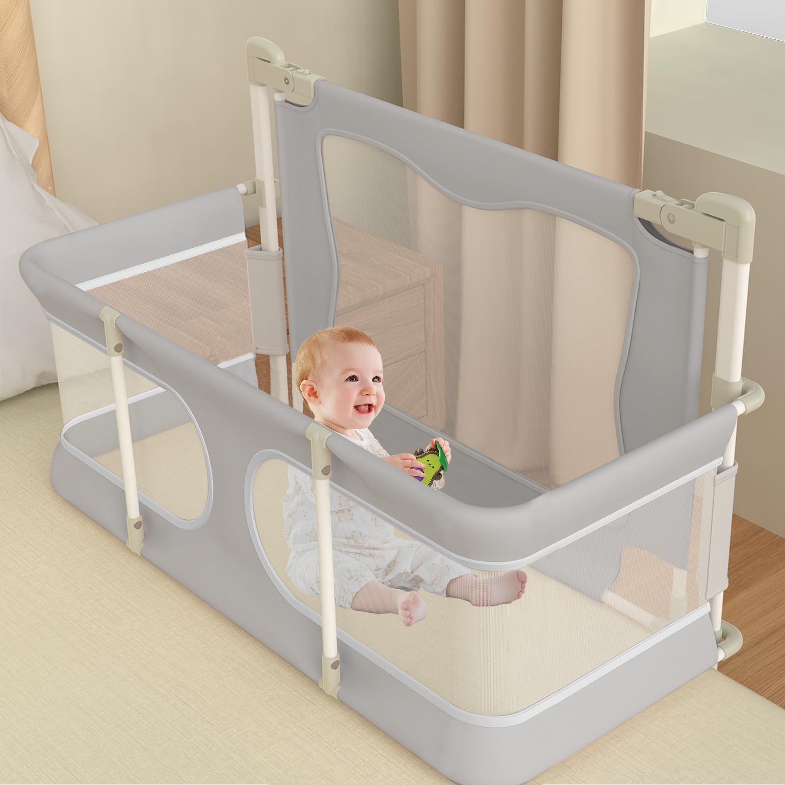 Portable Baby Bassinet Bedside Sleeper - Foldable Co-Sleeping Crib with Adjustable Height & Safety Rail for Newborns & Toddlers - Perfect for Nursery, Bedroom & Travel Use