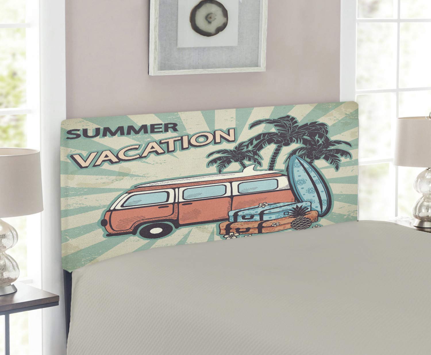 Lunarable Retro Upholstered Headboard - Hippie Van with Coconut Palms, Floral Suitcases & Surf Boards Design, Twin Size Blue Seafoam Decorative Metal Bed Headboard with Memory Foam - Perfect for Bohemian Bedroom, Beach House Decor or Vintage Themed Guest Room