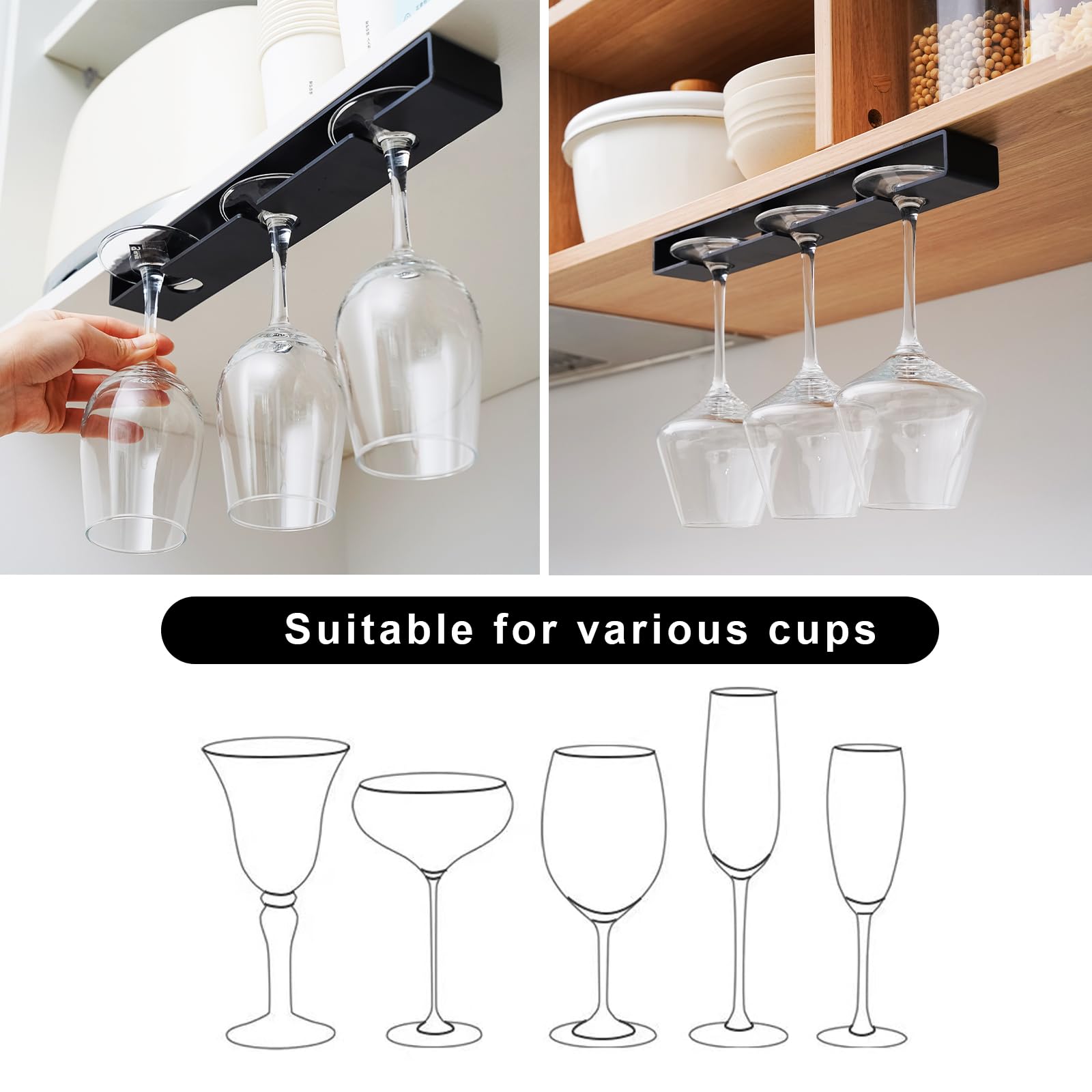 2 Pack No Drill Wine Glass Holder - Hanging Stemware Rack Organizer for Bar, Cabinet & Kitchen (Black) | Perfect for Home Bars, Wine Cellars & Small Space Storage