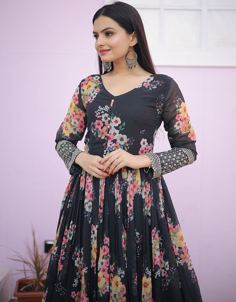Stylish Black Faux Georgette Party Gown for Women - Elegant Evening Dress for Prom, Cocktail Parties & Special Occasions