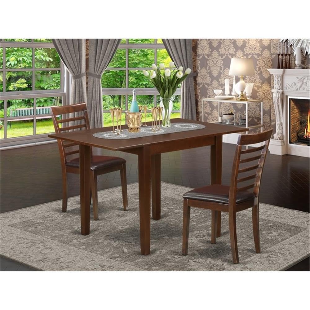 East West Furniture NDML3-MAH-LC 3-Piece Small Space Kitchen Table Set with Drop-Leaf Dining Table & 2 Faux Leather Chairs, 30x48 Inches, Mahogany - Perfect for Apartments, Breakfast Nooks, and Cozy Dining Areas