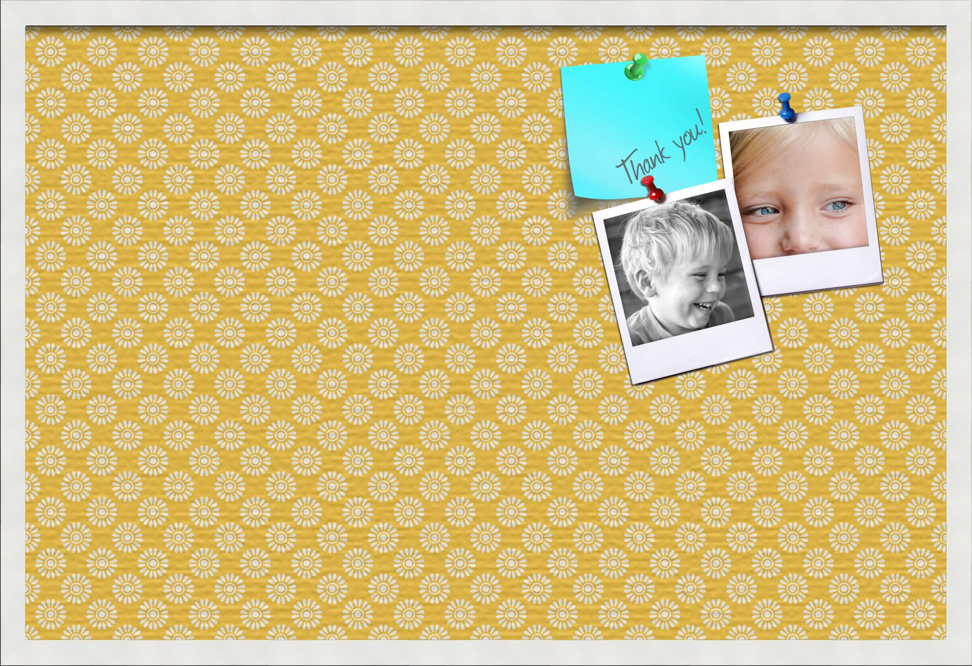 ArtToFrames 36x24 Inch Custom Cork Bulletin Board - Floral Yellow Flowers Pin Board with Fabric Canvas Finish, White Satin Frame | Perfect for Home Office, Classroom, or Dorm Room Decor