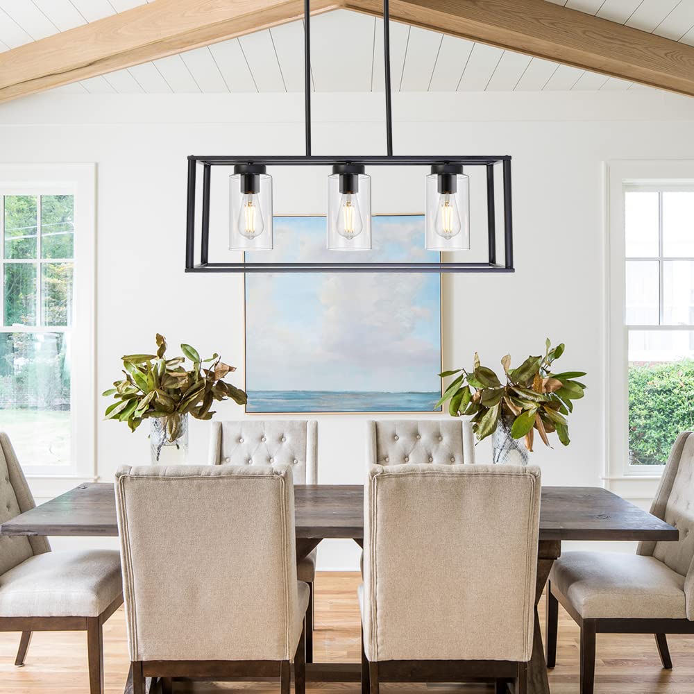 VINLUZ 3-Light Black Modern Chandelier - Contemporary Linear Pendant Light for Dining Room, Kitchen Island, Farmhouse | Glass Shade Hanging Fixture | Perfect for Home Decor, Restaurant Lighting & Interior Design