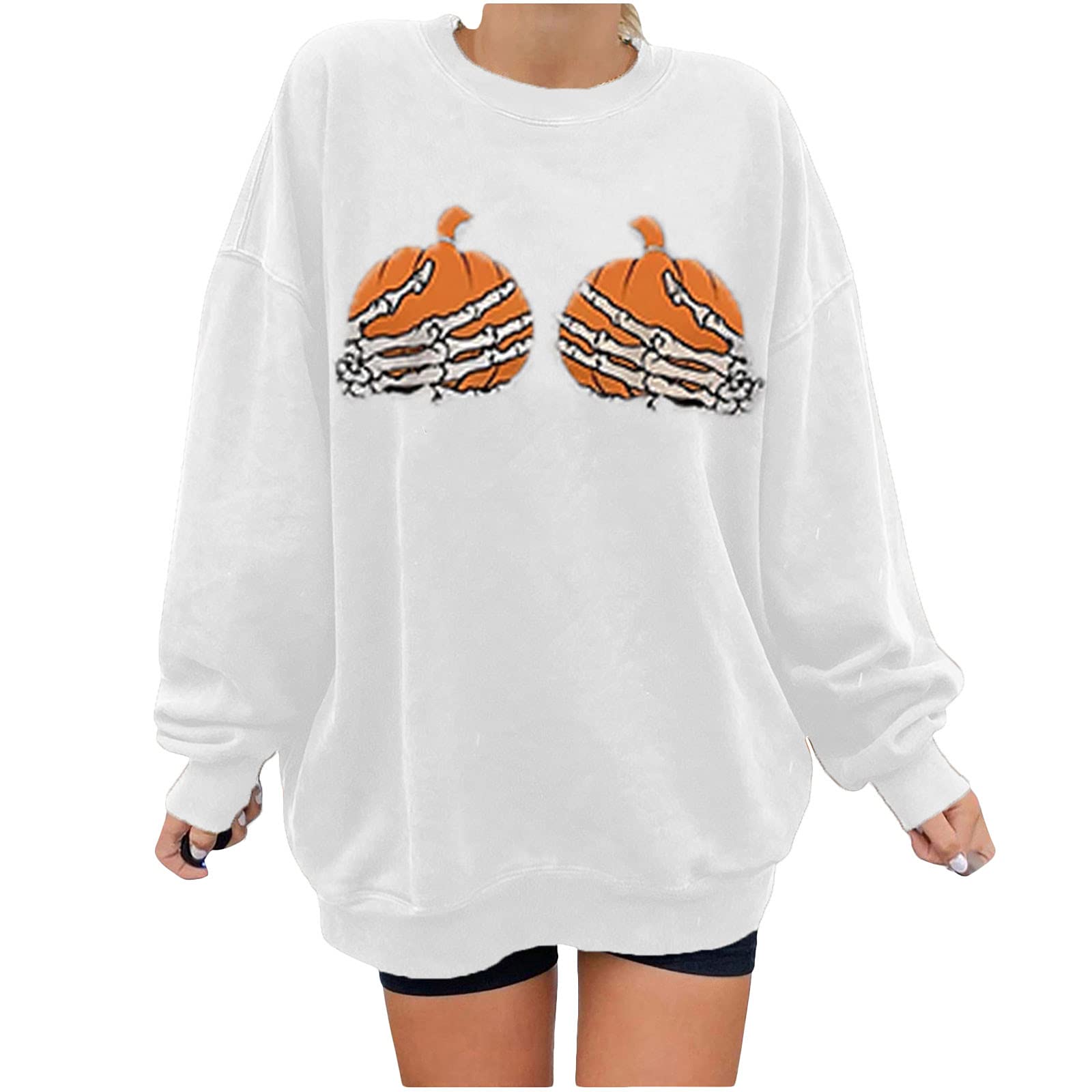 Women's Plus Size Halloween Graphic T-Shirt - Skull Pumpkin Print Long Sleeve Tunic Top | Casual Loose Pullover for Halloween Parties, Costume Events & Fall Outfits