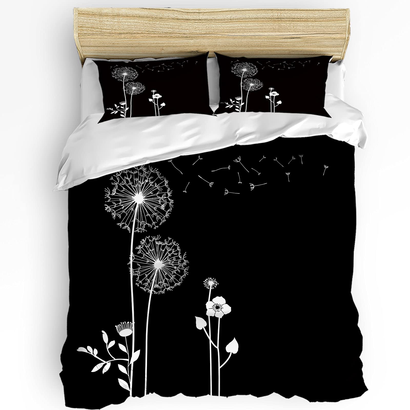 Floral Burlap Duvet Cover Set - Black and White Dandelion Print Modern Comforter Cover with 2 Pillowcases for Teens, Kids & Adults | Soft Bedding Set for Cozy Bedrooms & Guest Rooms