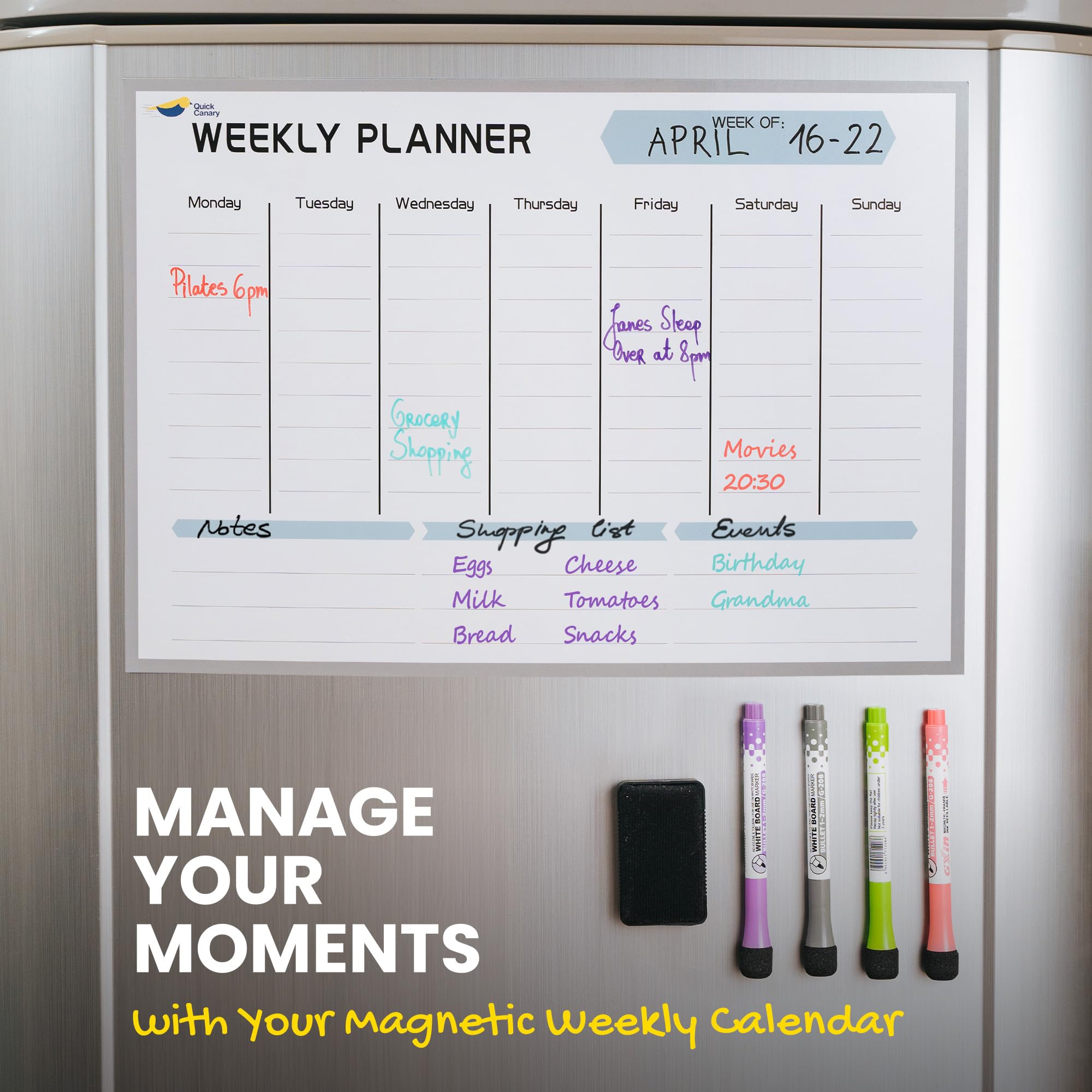 Quick Canary Magnetic Weekly Planner for Fridge - 17x12 Inch Dry Erase Board Calendar for 2025 Schedules, Meal Planning & Household Chores - Includes 4 Markers & Eraser - Perfect for Kitchen Organization & Family Scheduling