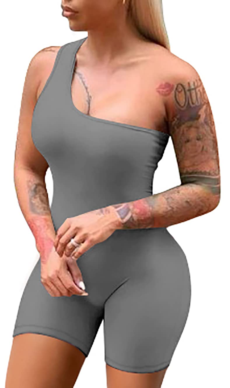 GOBLES Women's Sexy One Shoulder Sleeveless Bodycon Jumpsuit - Stretchy Short Romper for Night Out, Club Party & Summer Vacation
