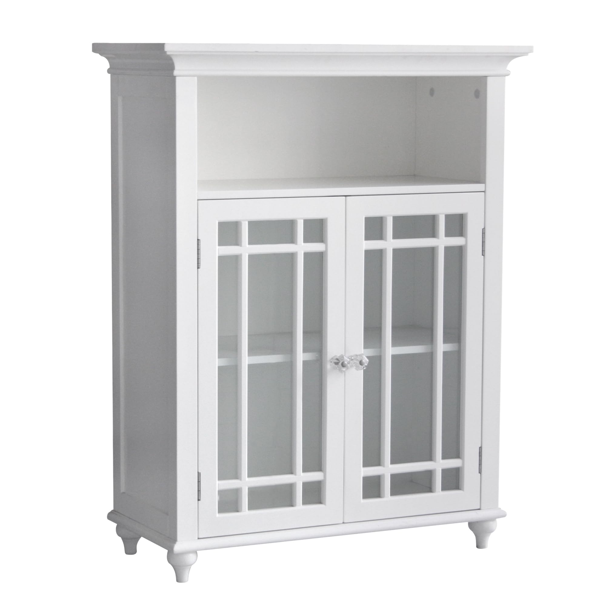 Teamson Home Neal White Wooden Freestanding Floor Cabinet with Adjustable Shelf, 3 Storage Spaces & 2 Glass Doors - Perfect for Living Room, Bedroom or Office Storage Organization