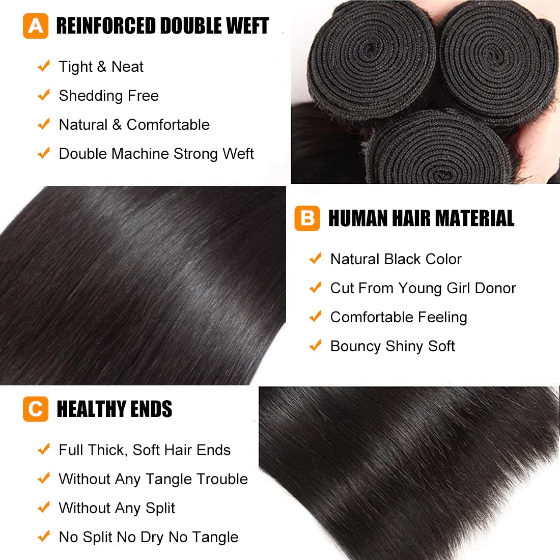 QTHAIR 100% Unprocessed 16A Virgin Indian Human Hair Bundles - Straight Natural Black Hair Weft Extensions (18