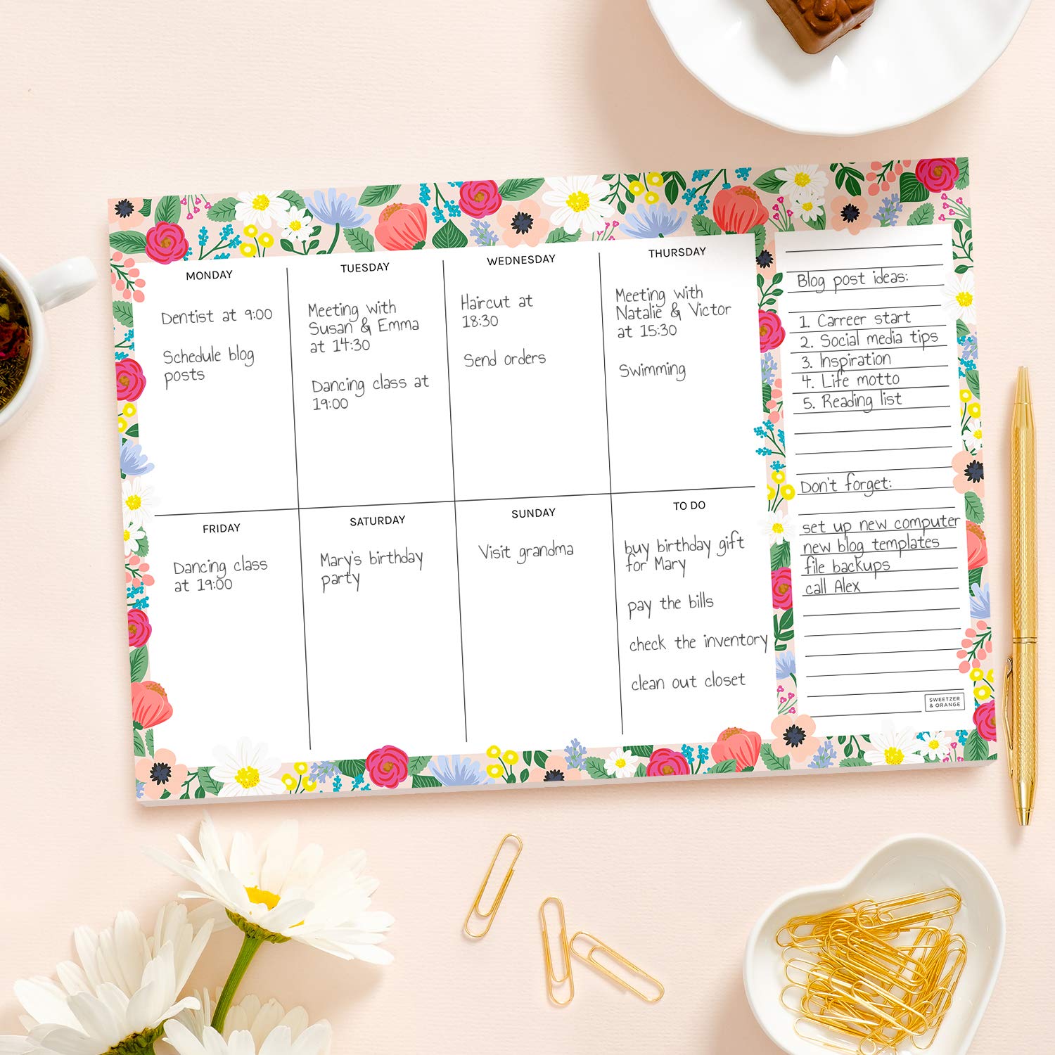 Sweetzer & Orange Floral Weekly Planner 2025 - Undated To-Do List Notepad with Easy-Tear Sheets | 7x10