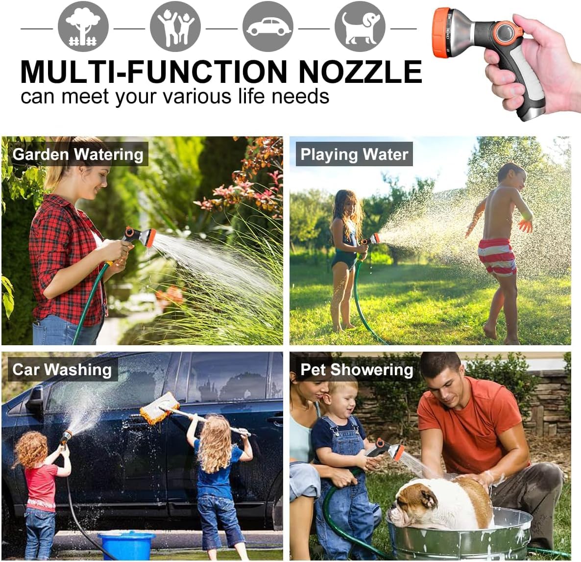 **High Pressure Garden Hose Nozzle Sprayer - Adjustable 8 Spray Patterns with Water Flow Control Valve for Lawn Watering, Car Washing, Pet Bathing & Outdoor Cleaning**