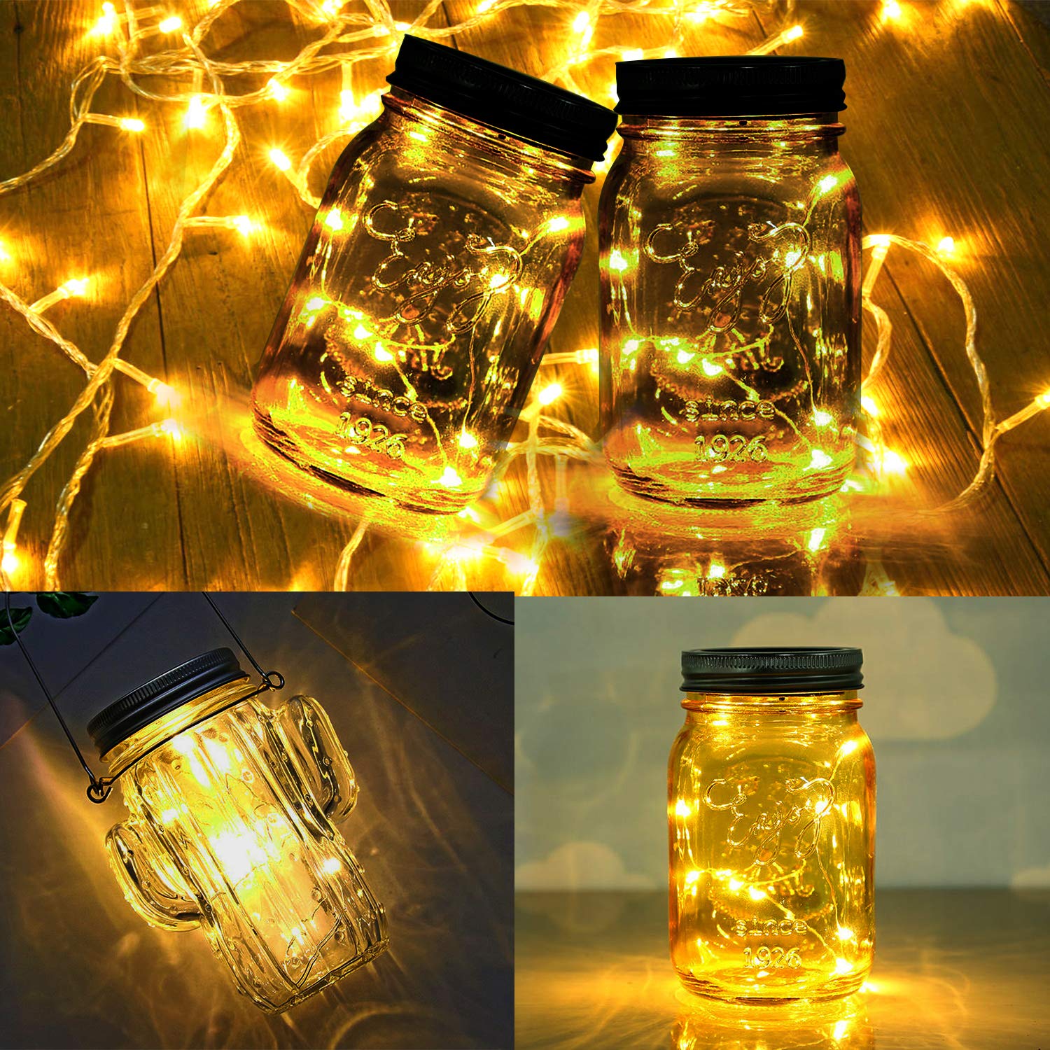 MUCH Mason Jar Lights - 20 LED String Fairy Star Firefly Jar Lid Lights with Hangers for Outdoor Decor, Waterproof & Rust Resistant - 3 Pack for Patio, Garden, Wedding, Party & Table Decorations