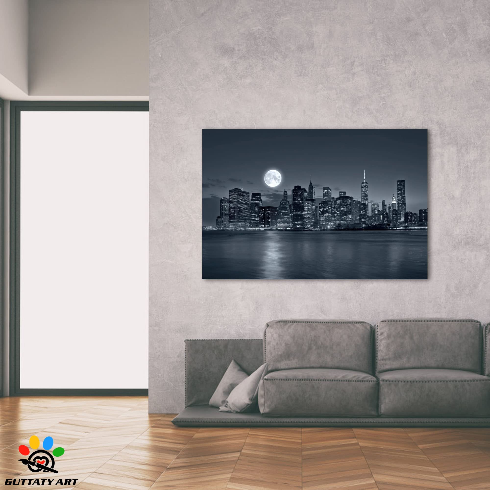 New York Skyline Canvas Wall Art - Modern Blue Gray Cityscape Painting, Brooklyn Bridge Park & Moonlight Scene, Framed Artwork for Living Room, Bedroom, Office Decor - 32x48 Inches