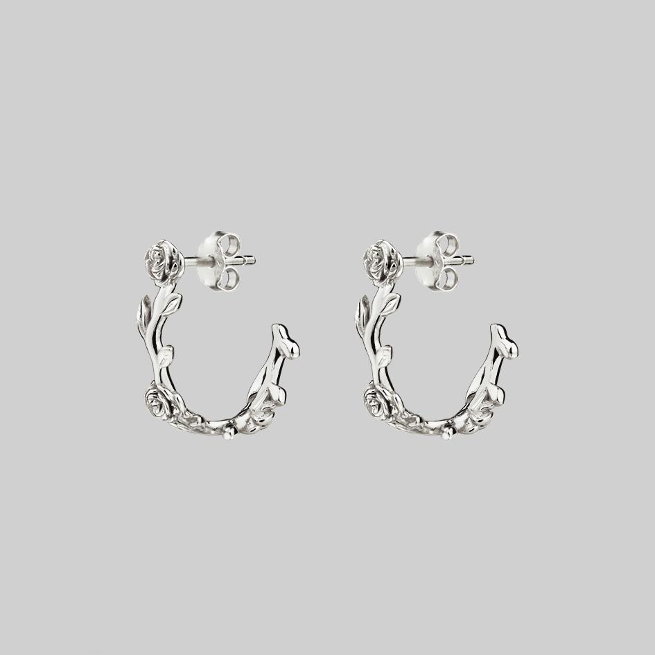 SARAH Rose Foliage Hoop Earrings in Silver - Elegant Floral Design for Women, Perfect for Weddings, Parties & Everyday Wear