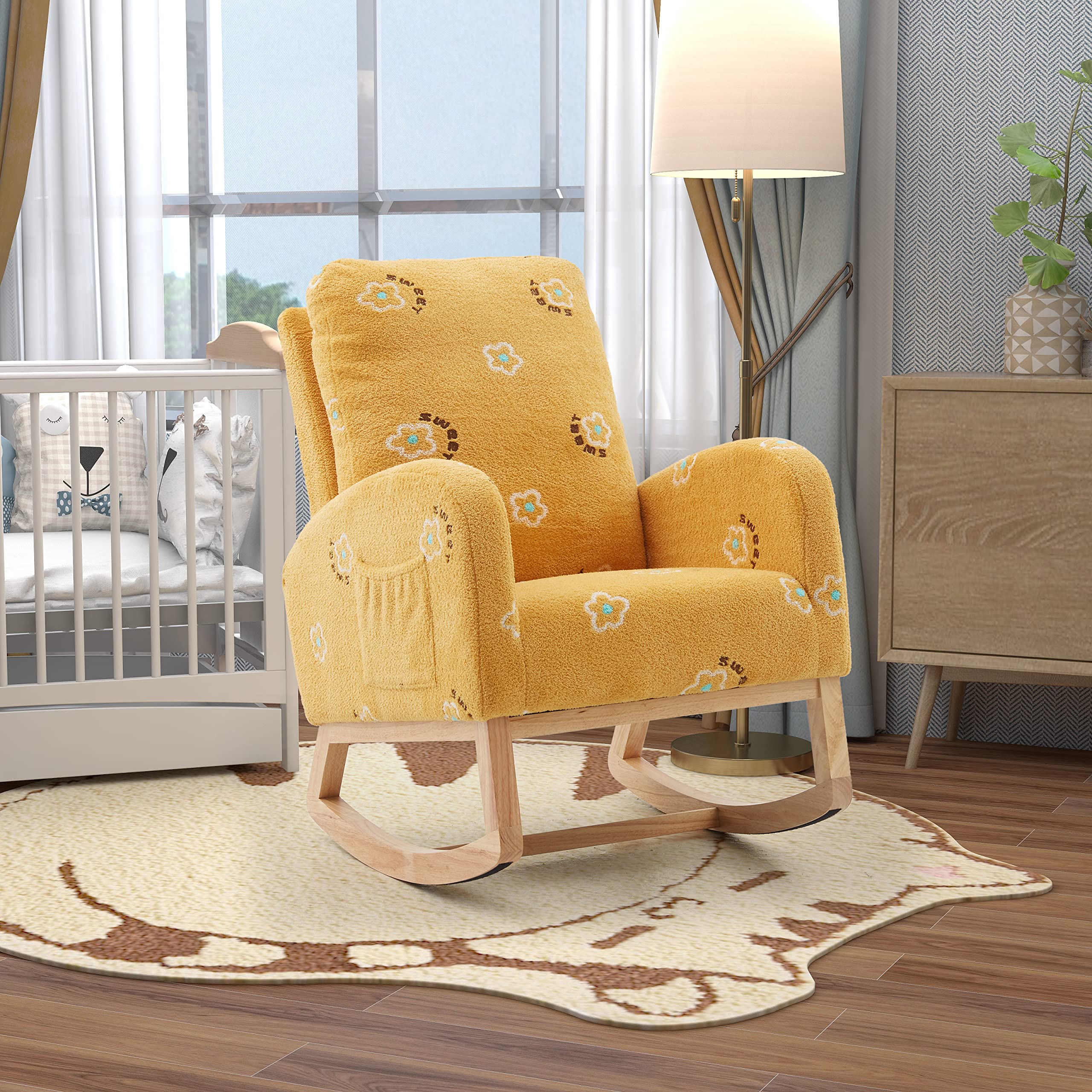 Modern Solid Wood Upholstered Nursery Rocking Chair - Mid Century High Back Glider Rocker with Side Pocket for Living Room, Nursery & Bedroom - Comfortable Mustard Yellow Accent Chair for Relaxing, Nursing & Reading