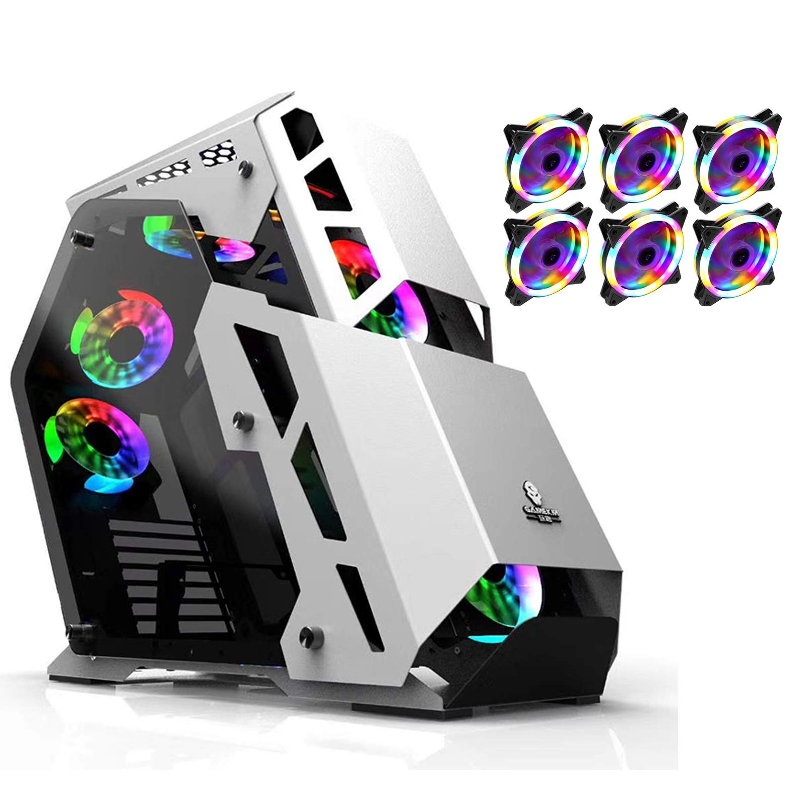 JF-TVQJ White ATX Gaming PC Case with 6 RGB Fans & Full Tempered Glass Window - Water Cooling Ready, USB 3.0 Ports - Compatible with Micro-ATX/ATX Motherboards - Perfect for Gaming Rigs & Streaming Setups