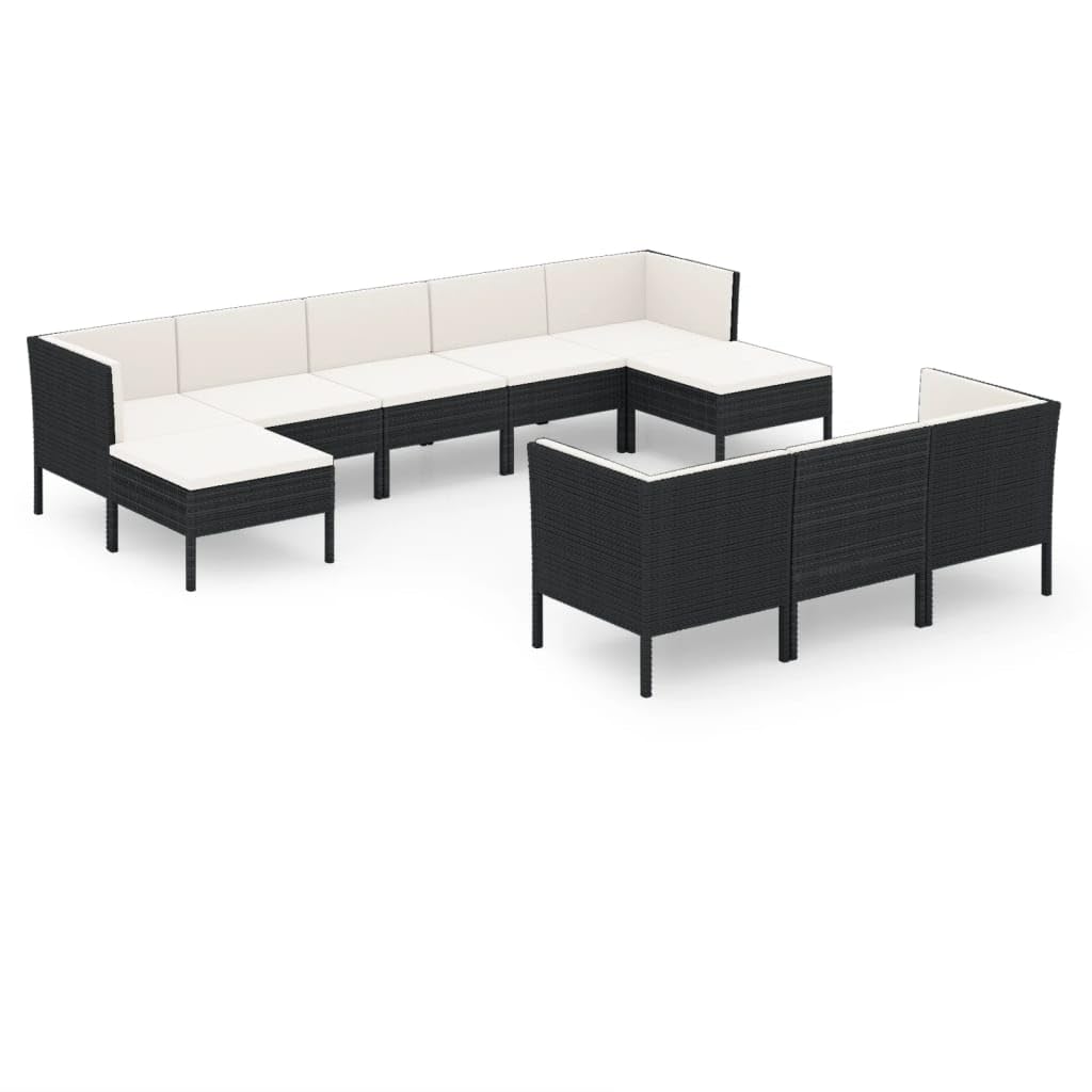 vidaXL 10-Piece Patio Lounge Set with Cushions - Outdoor Garden Furniture, Black Poly Rattan Sofa Seating for Terrace, Yard & Poolside Relaxation