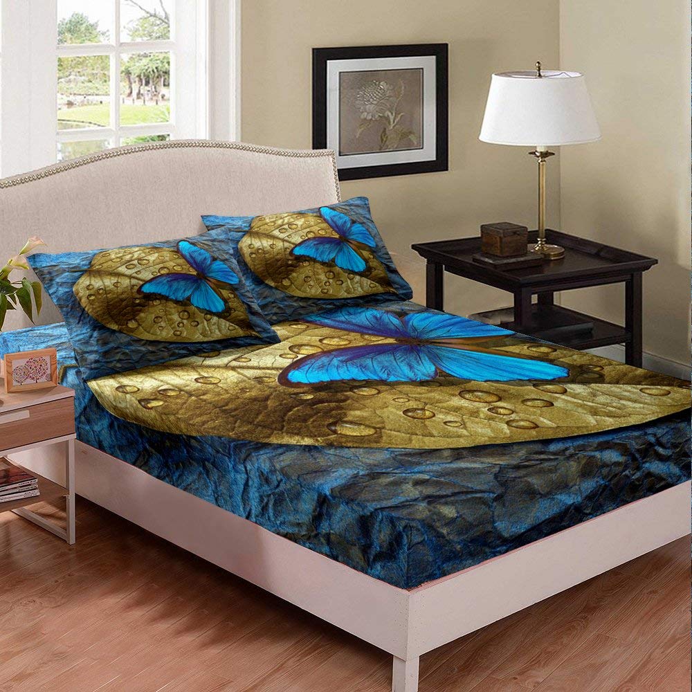 Castle Fairy Blue Base Gold Leaf Print Kids Bed Sheet Set - 3D Butterfly & Floral Design, Full Size Fitted Sheet with 2 Pillowcases | Soft & Breathable for Boys & Girls Bedroom Decor | Perfect for Kids' Rooms, Sleepovers & Nursery Themes