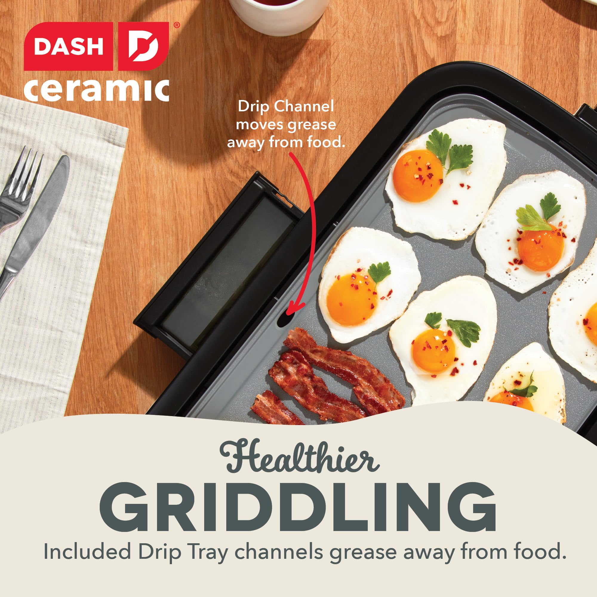 DASH Everyday Ceramic Electric Griddle - 20 Inch, 1500W, Non-Stick Surface for Pancakes, Burgers, Quesadillas, Eggs | Includes Drip Tray & Recipe Book | Perfect for Breakfast, Lunch, Snacks & Family Gatherings (Cream)