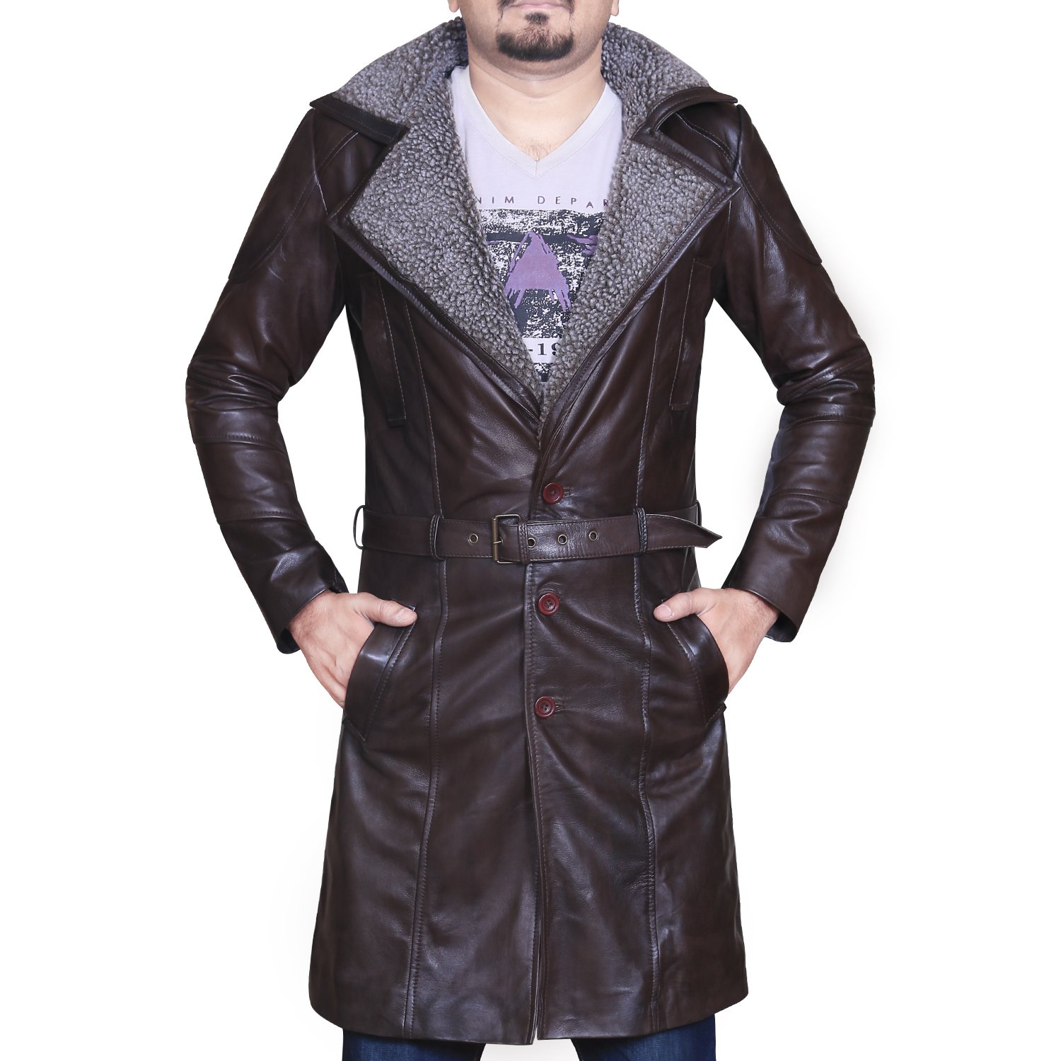 Blade Runner 2049 Officer K Ryan Gosling Replica Fur Lapel Leather Trench Coat - Movie Cosplay Costume & Winter Fashion Outerwear