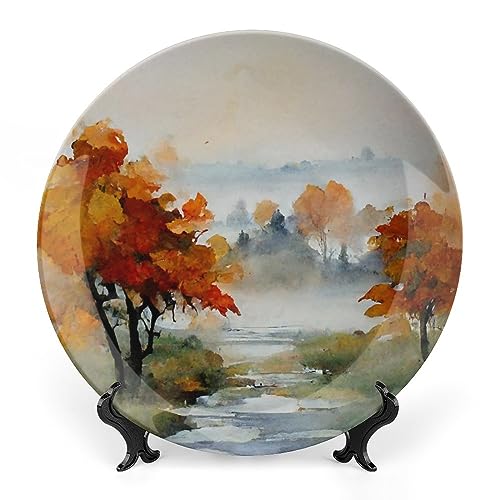 Autumn Forest Maple Tree and River Watercolor Painting