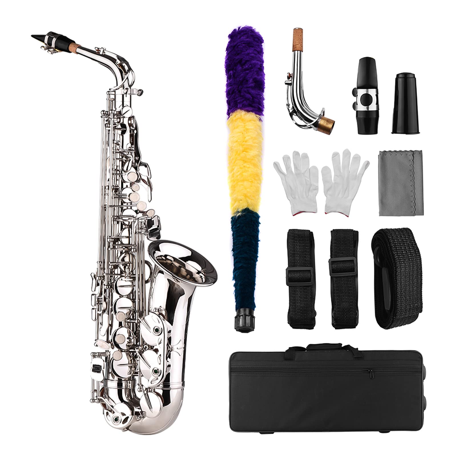 Professional Bb Flat Alto Saxophone - Brass Body with Silver Finish - Includes Mouthpiece, Cleaning Cloth, Brush, Gloves & Straps - Perfect for Beginners, Students & Jazz Performers