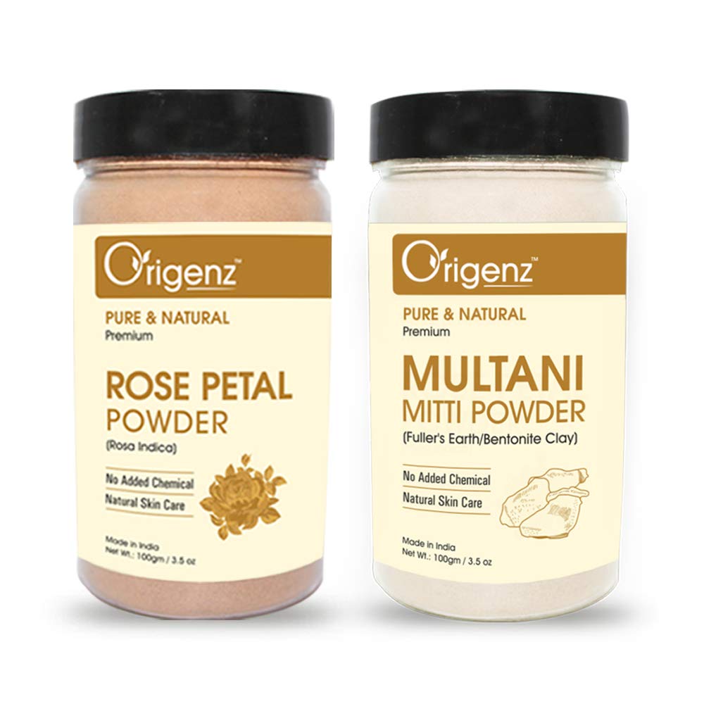 Origenz Multani Mitti & Rose Petals Powder - 100% Natural Bentonite Clay for Healthy Skin, Acne Treatment & Tan Removal (200g) | DIY Face Mask for Glowing Skin & Pimple Control | Perfect for Spa Day & At-Home Skincare Routine