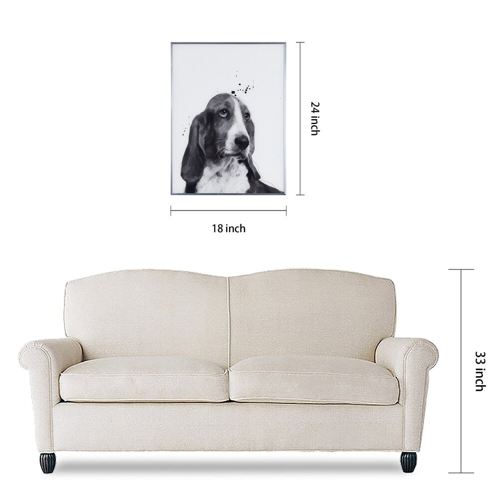 Basset Hound Black and White Dog Wall Art - Reverse Printed Glass with Gunmetal Frame - Perfect for Living Room, Bedroom or Office Decor