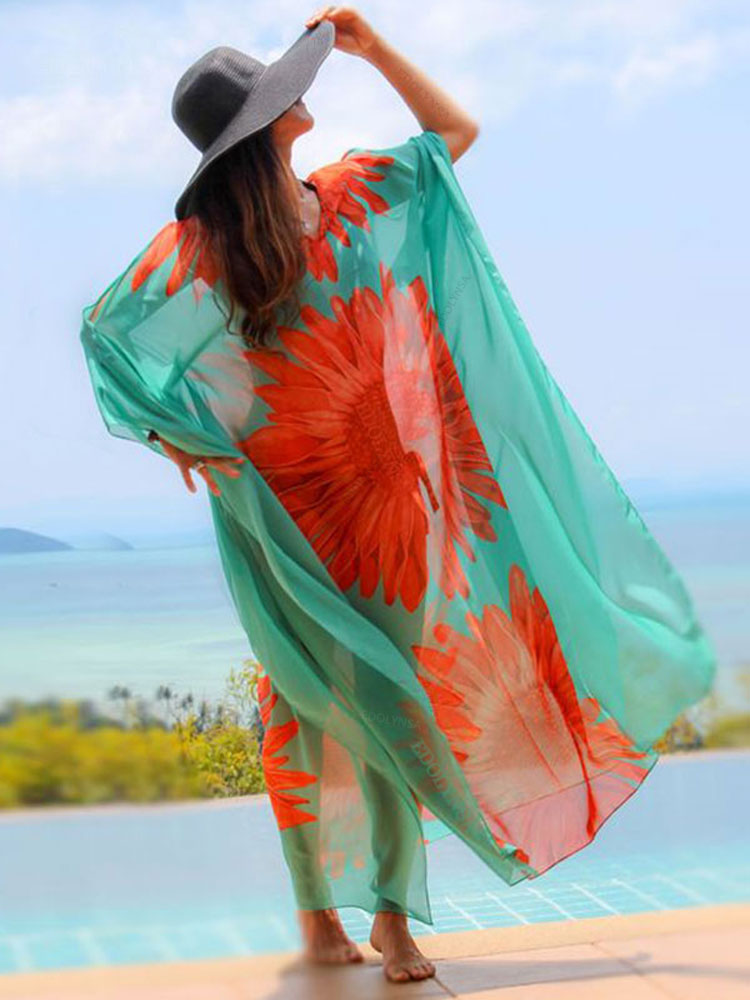Blue Bohemian Embroidered Batwing Sleeve Side Split Summer Beach Dress - Flowy Chiffon Tunic for Women Plus Size | Perfect for Beach Vacations, Pool Parties & Boho Fashion Outfits
