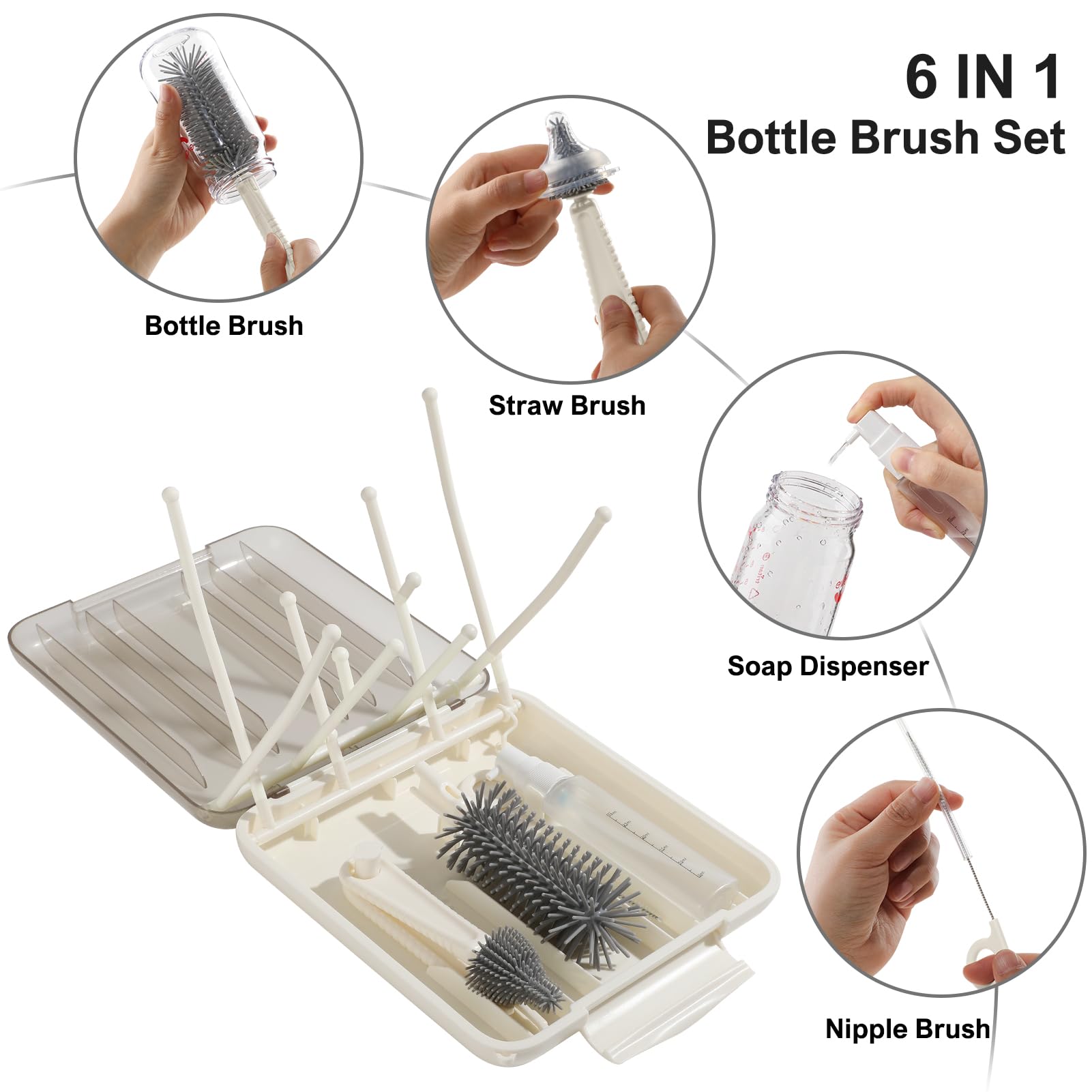 6-in-1 Baby Bottle Brush Set with Drying Rack & Storage - Home & Travel Essentials