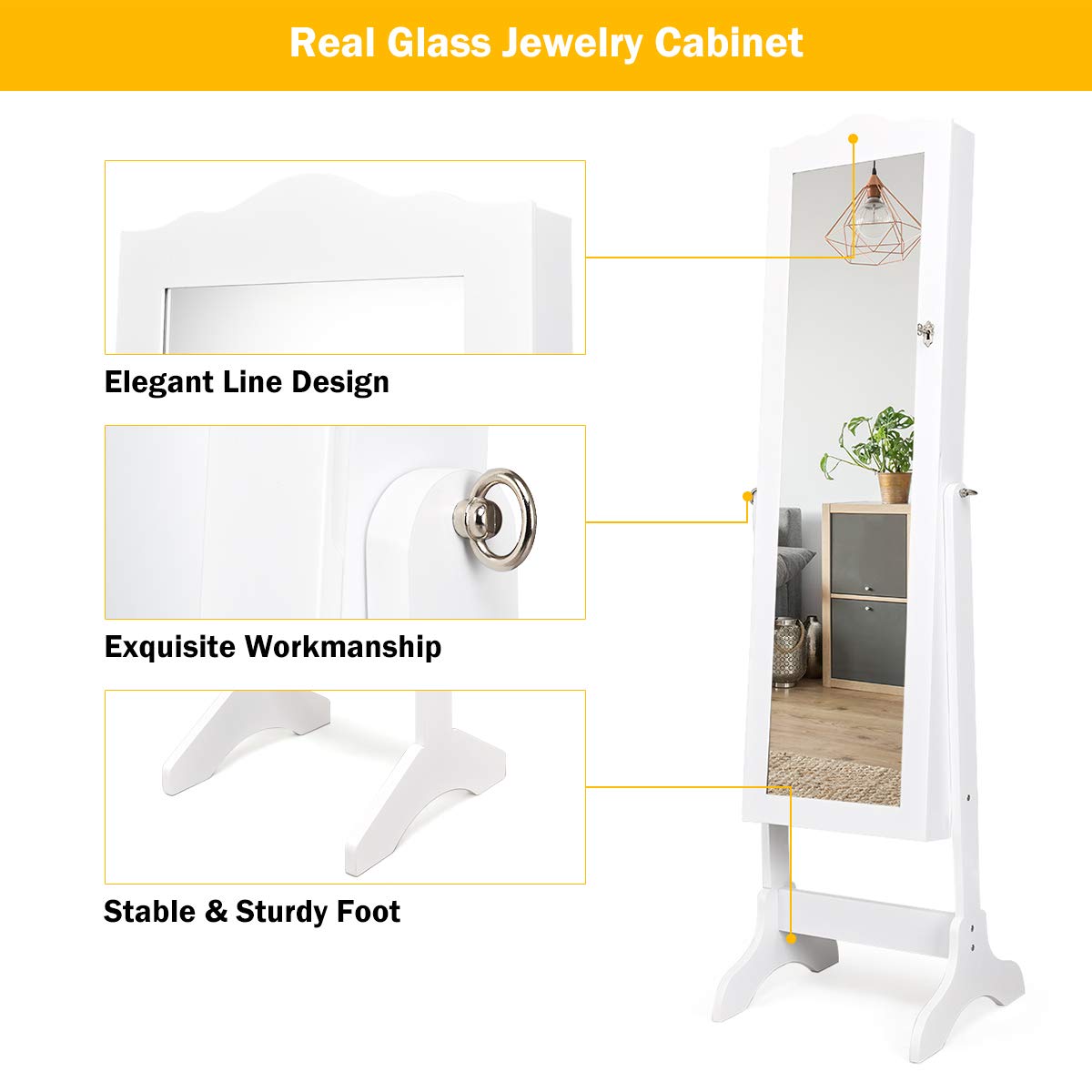 Giantex Lockable Jewelry Armoire Cabinet with Full Length Mirror - 3 Adjustable Angles, Jewelry Organizer Storage Box for Necklaces, Rings & Accessories - Perfect for Bedroom, Dressing Room & Gift (White)