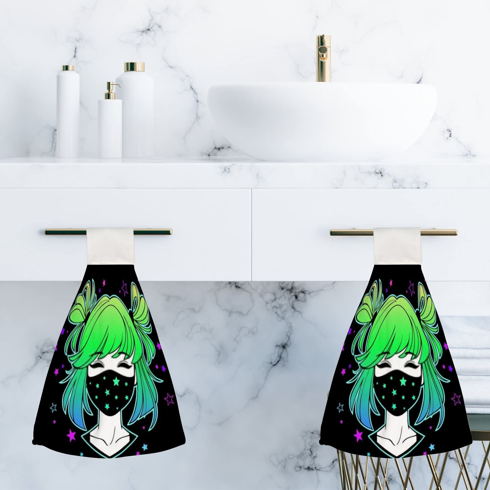Cute Cartoon Green Hair Girl Kitchen Hanging Hand Towels - Super Absorbent, Soft Bathroom Towel with Loop for Easy Hanging - Machine Washable (1 Pack) - Perfect for Kitchen, Bathroom, and Home Decor