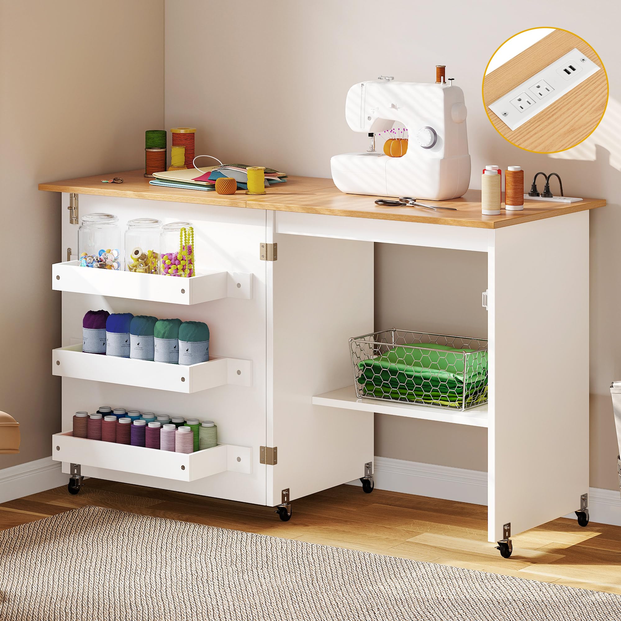 DWVO Folding Sewing Table with USB Charging Station | Compact Multipurpose Craft Desk with Lockable Wheels, Storage Shelves & Magnetic Doors | Perfect for Sewing, Quilting, Crafting & Home Office Use (White)