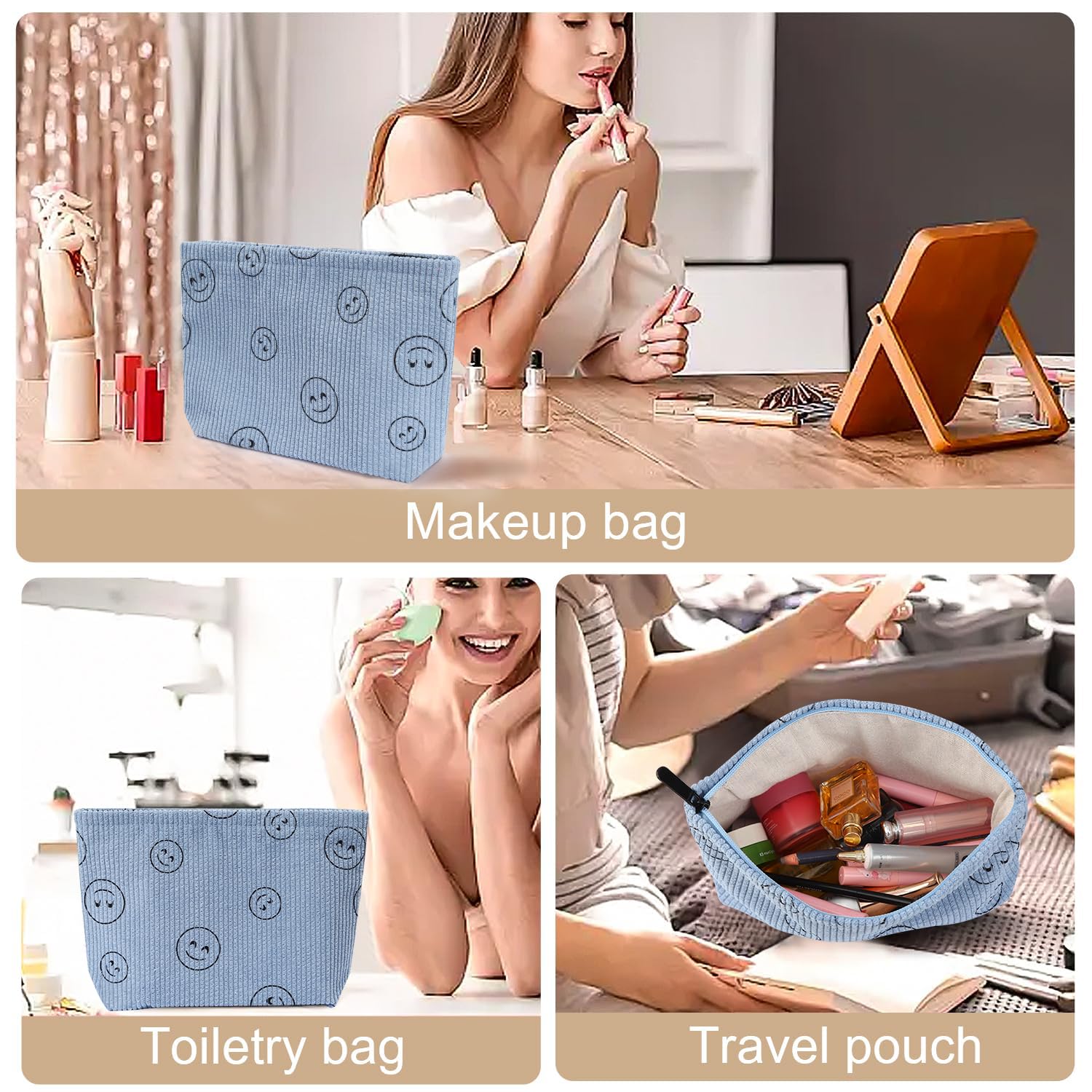 Preppy Cute Corduroy Cosmetic Bag for Women | Travel Makeup & Toiletry Organizer | Waterproof & Durable | Perfect for Gym, Vacation & Daily Use (Blue)