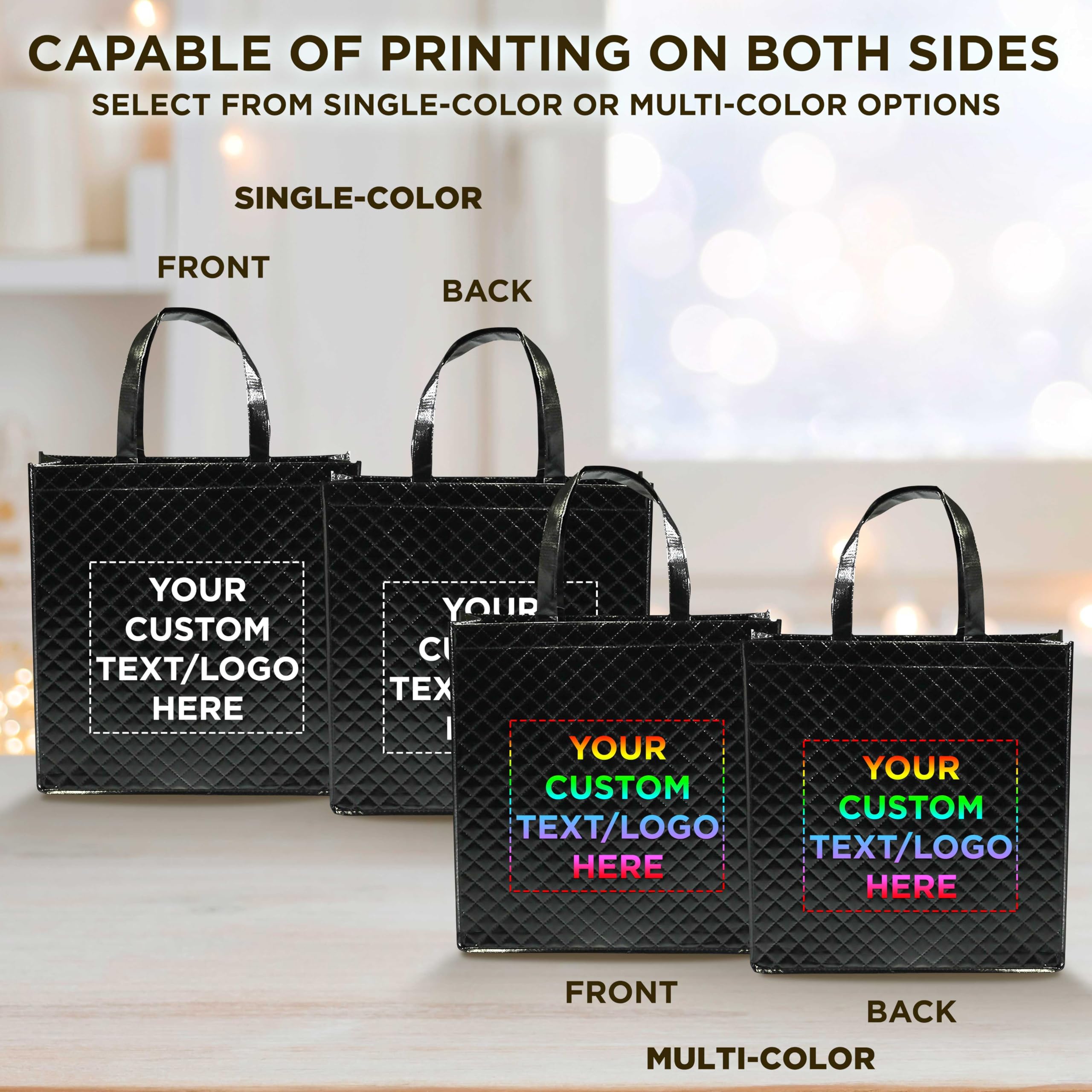 Custom Printed Laminated Tote Bags - Set of 10 Personalized Bulk Totes - Eco-Friendly Reusable Shopping Bags for Groceries, Beach Trips, Promotions & Events - Black