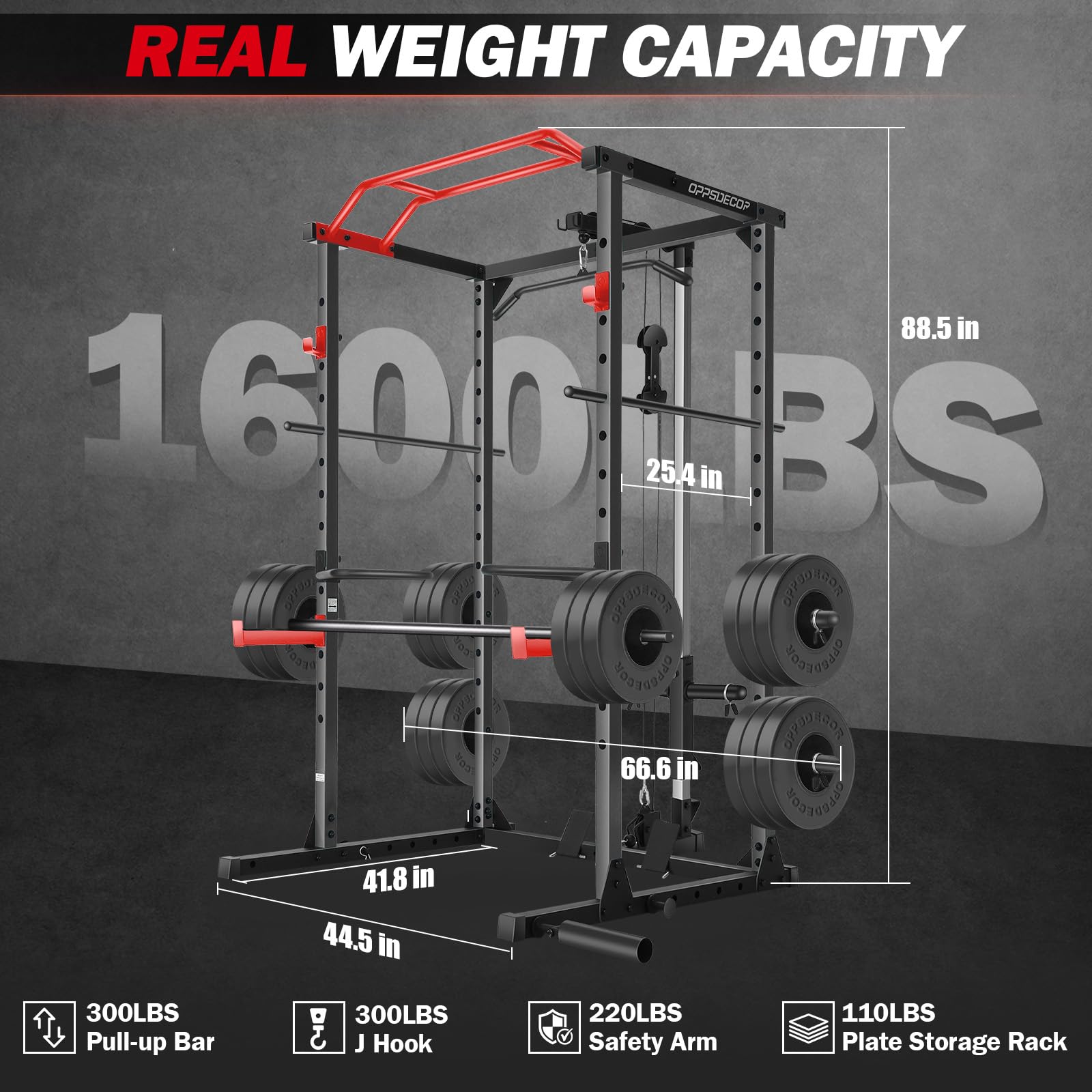 **OPPSDECOR 1600lbs Power Cage with LAT Pulldown & Adjustable Cable System – Multi-Functional Squat Rack for Home Gym – Strength Training, Weightlifting & Full-Body Workouts**    *(Use for Home Fitness, Bodybuilding, CrossFit & Functional Training)*