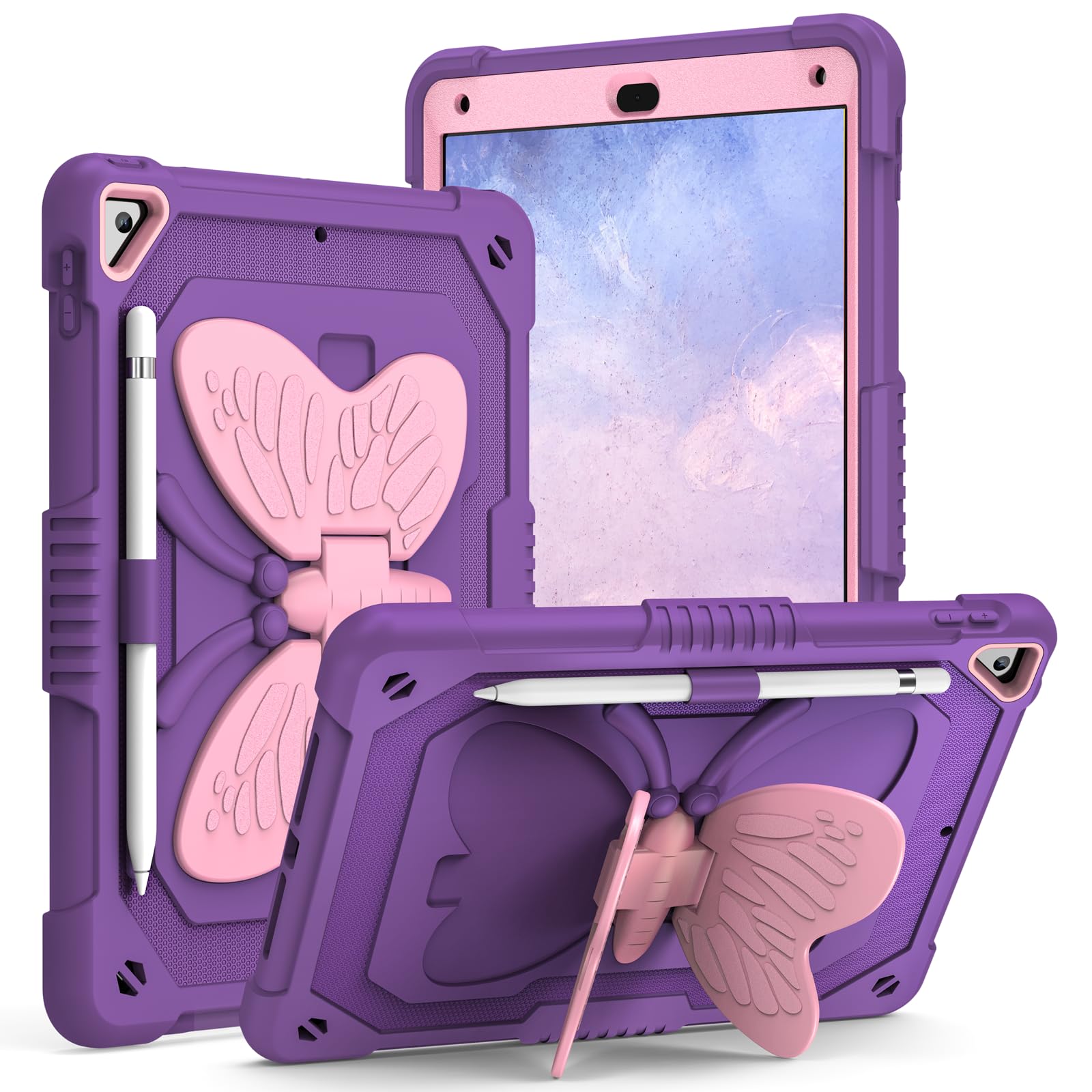 Shockproof iPad 6th Generation Case (2018 Model) with Built-in Pencil Holder & Adjustable Kickstand - Compatible with iPad 9.7-inch (5th/6th Gen) and iPad Air 2 - Heavy Duty Rugged Protective Cover for Kids (Purple/Pink) - Perfect for School, Travel and Outdoor Activities